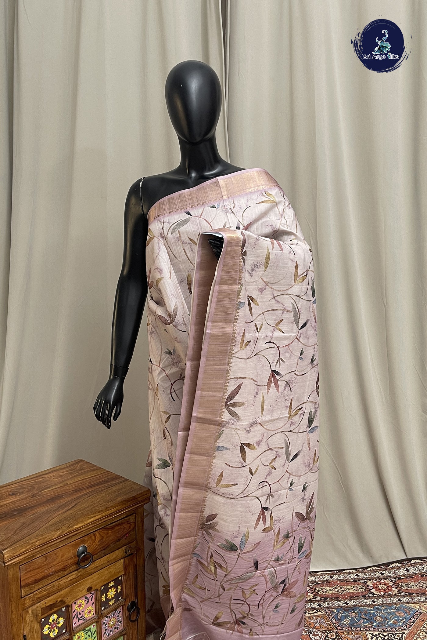 Beige Pink Linen Saree With Printed Pattern