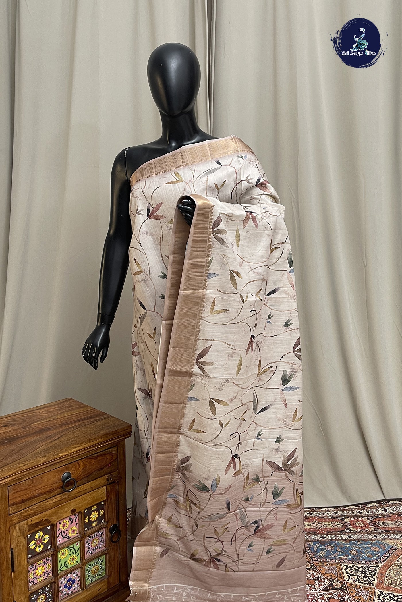 Beige Linen Saree With Printed Pattern