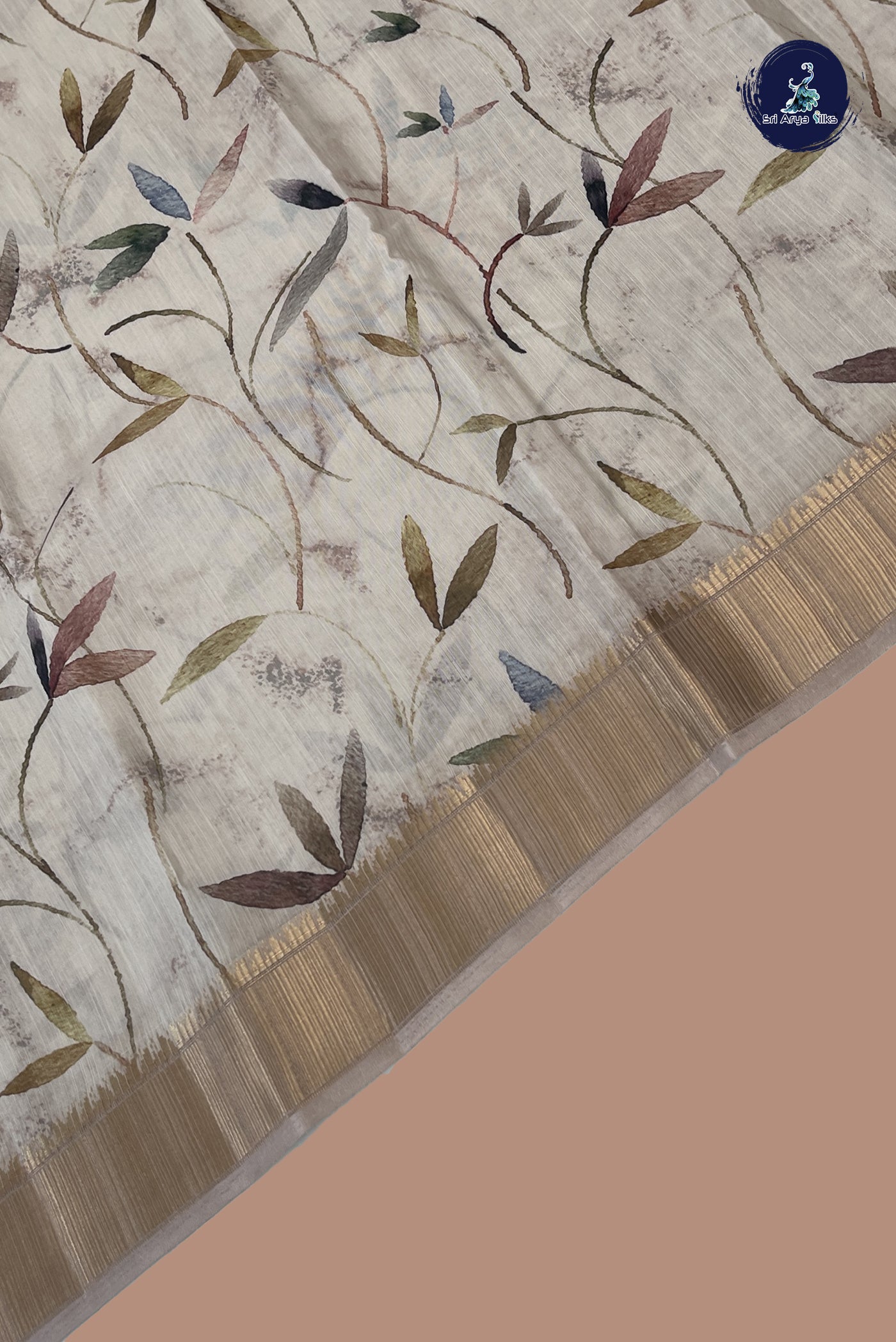 Beige Linen Saree With Printed Pattern