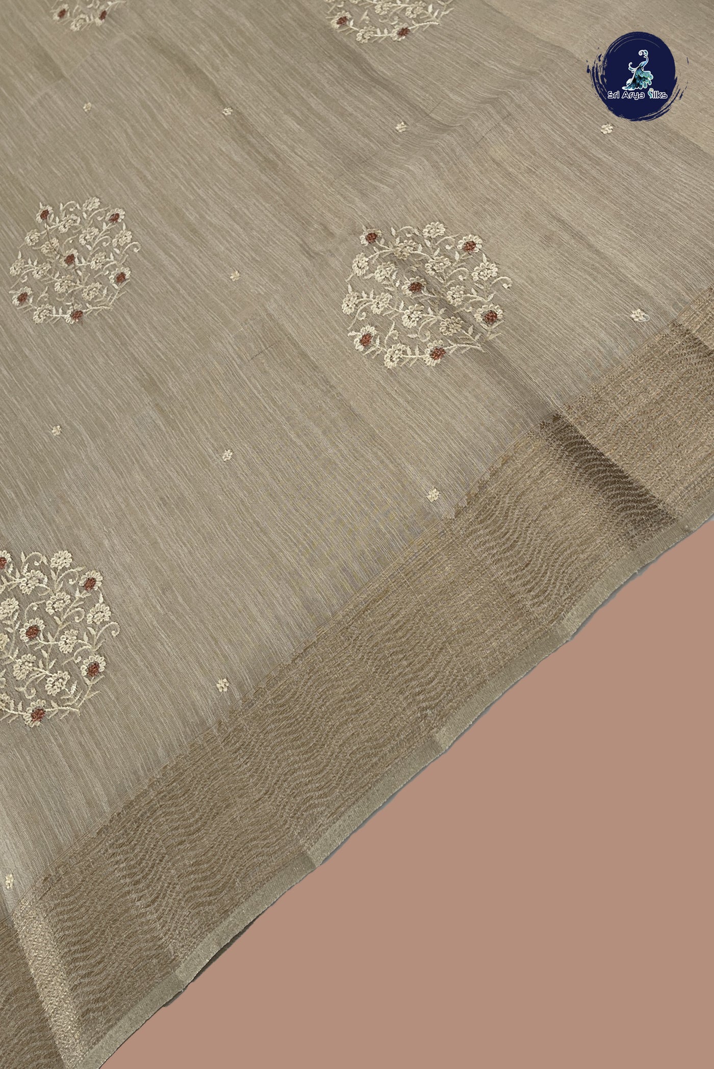 Beige Linen Saree With Embroidery Pattern