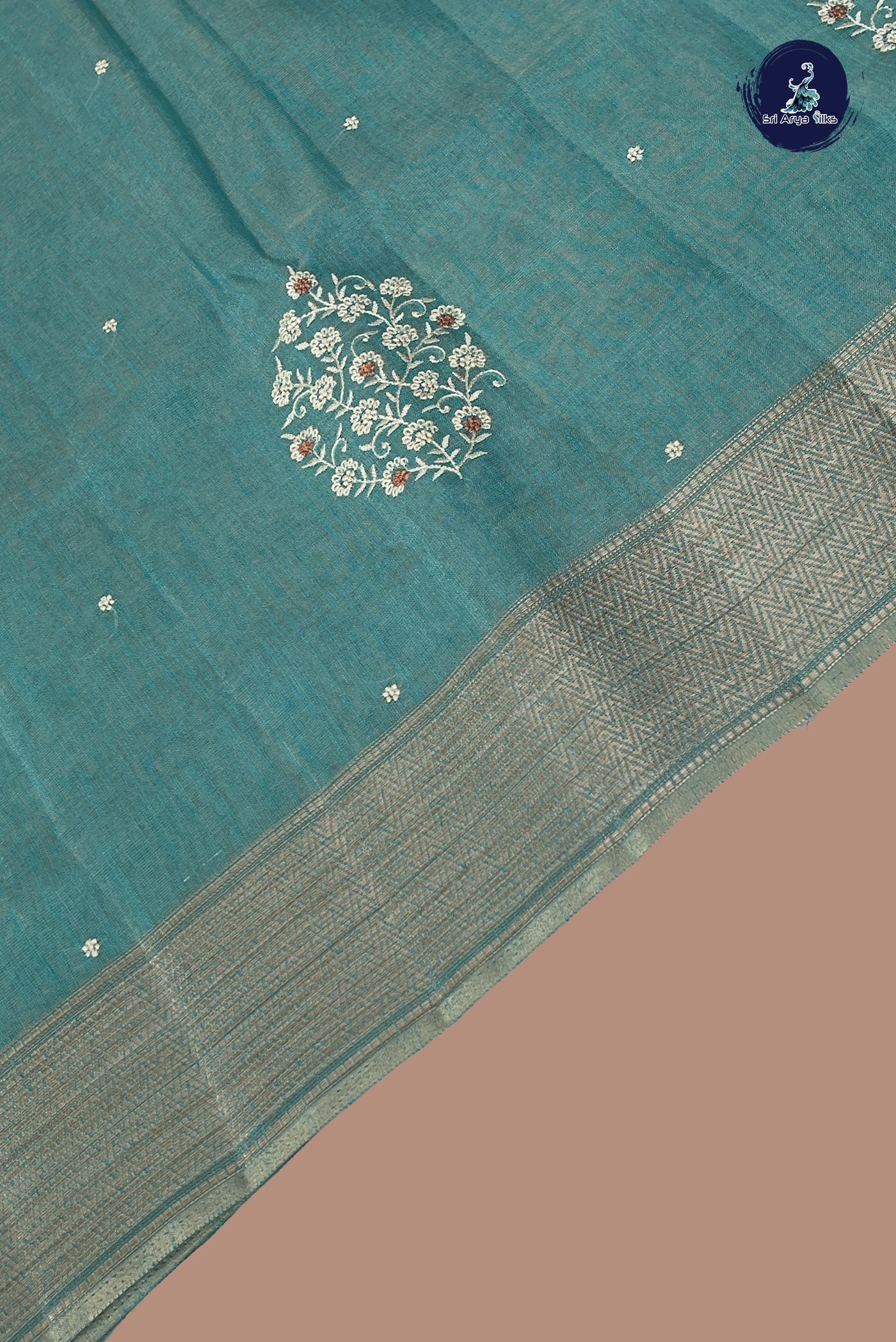 Blue Linen Saree With Embroidery Pattern