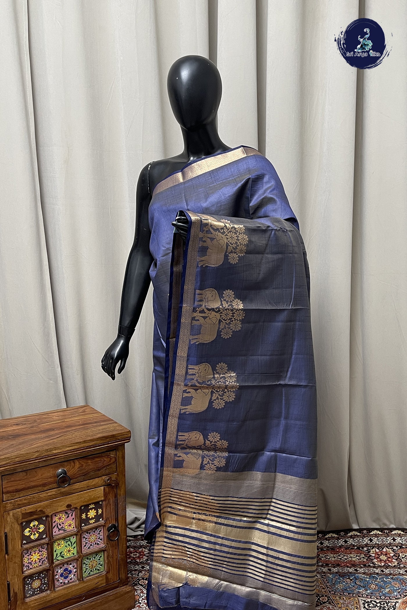 Greyish Blue Semi Tussar Saree With Plain Pattern