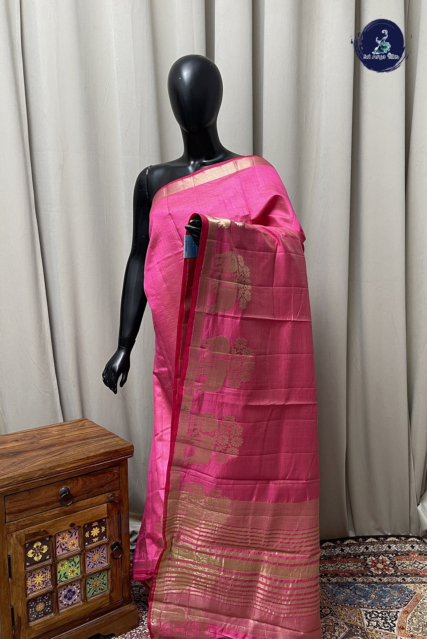 Pink Semi Tussar Saree With Plain Pattern