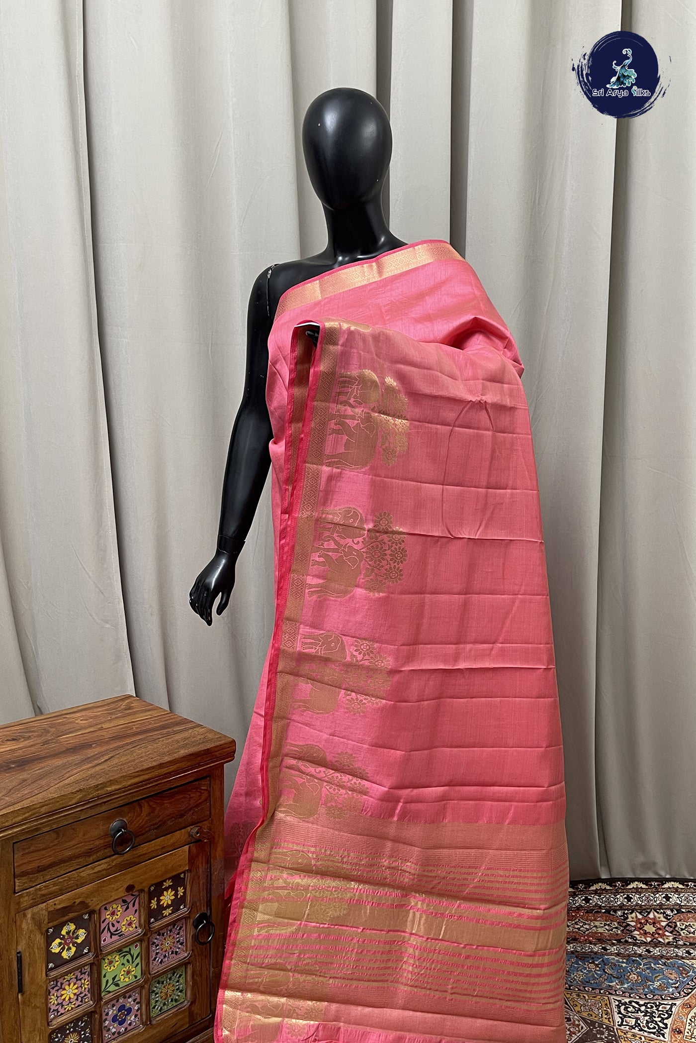 Light Pink Semi Tussar Saree With Plain Pattern