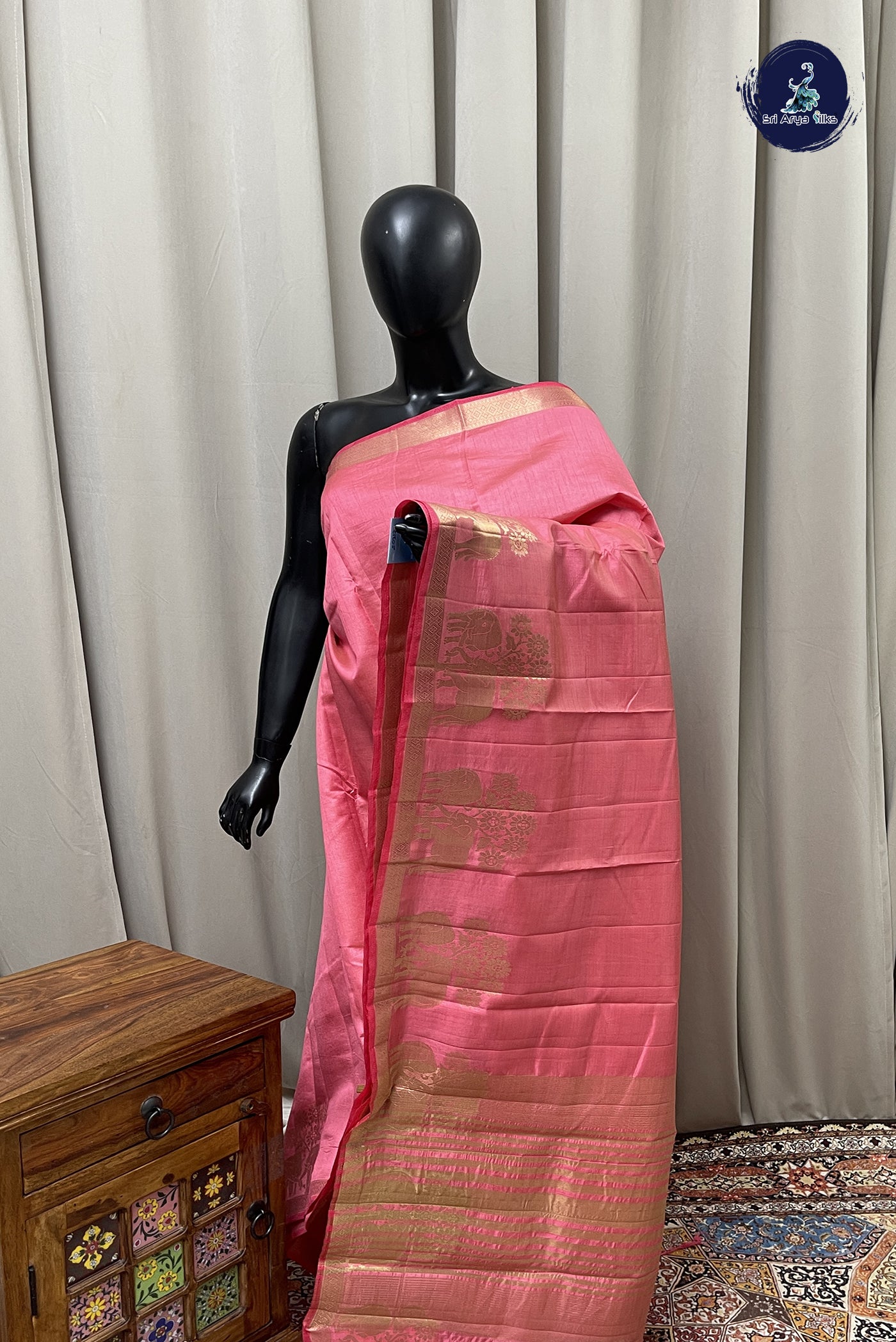Light Pink Semi Tussar Saree With Plain Pattern