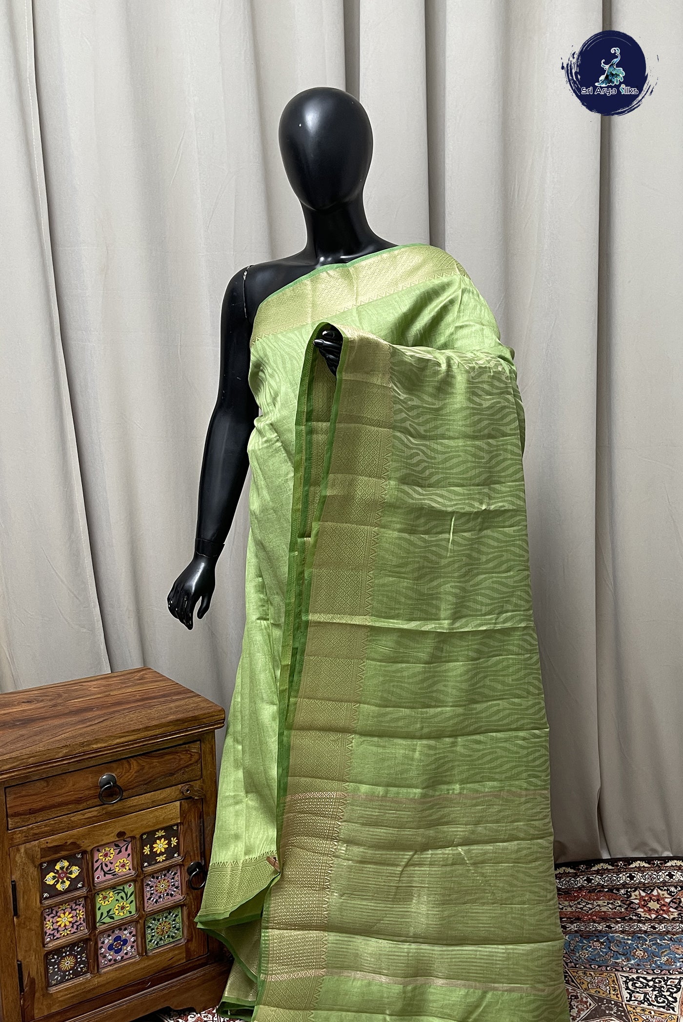 Light Green Semi Tussar Saree With Embossed Pattern