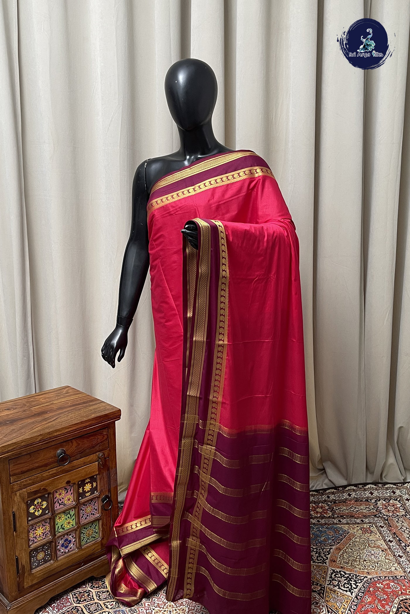 Reddish Pink Semi Mysore Silk With Plain Pattern