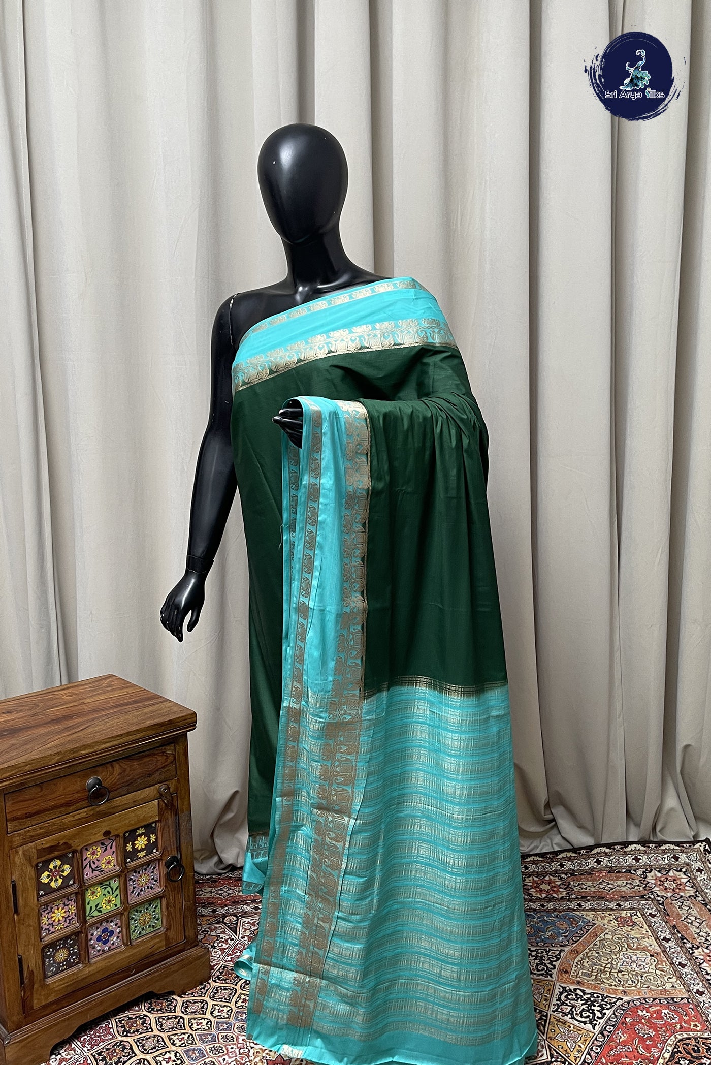 Dark Green Semi Mysore Silk With Plain Pattern