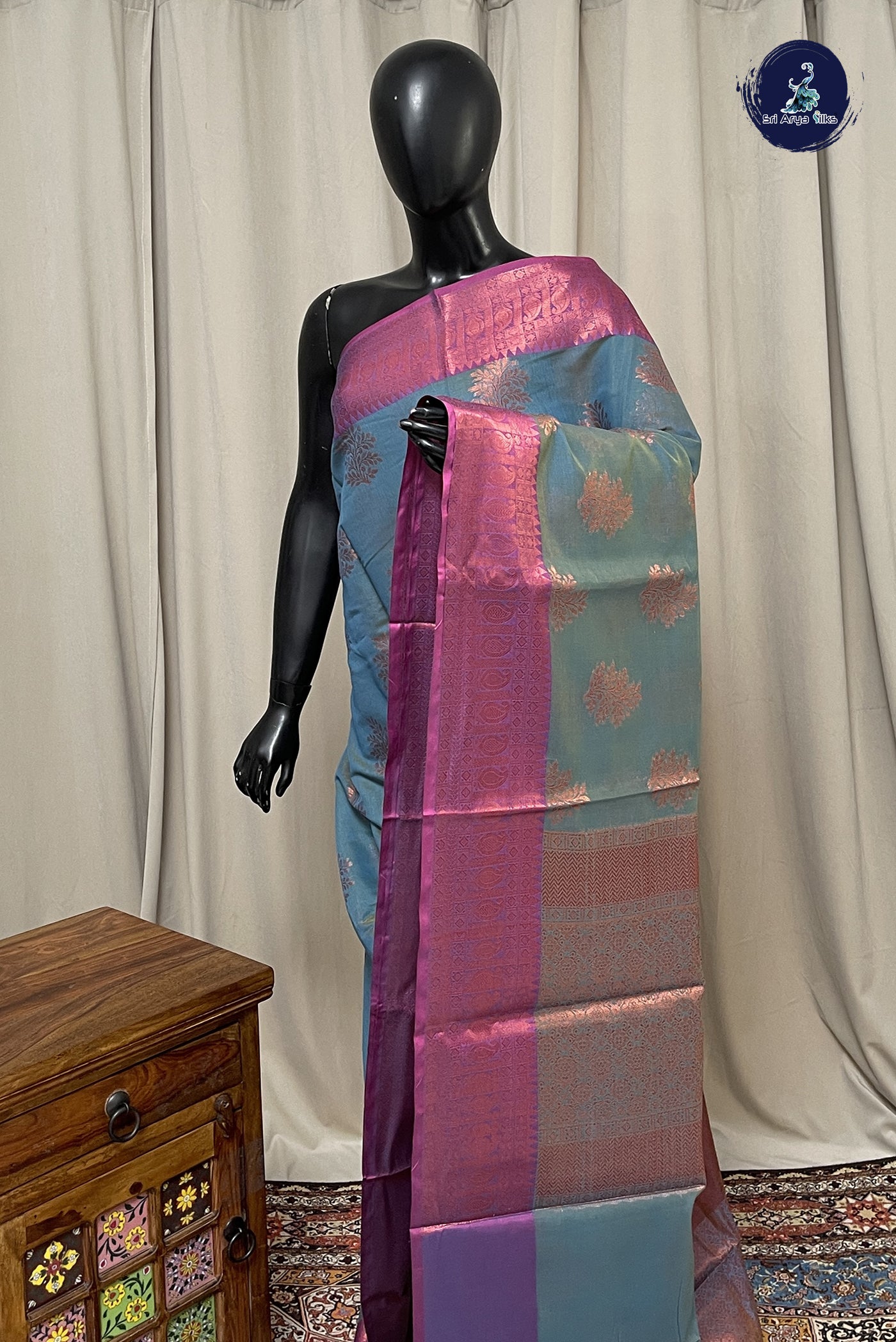 Dual Tone Blue Semi Tussar Saree With Zari Buttas Pattern
