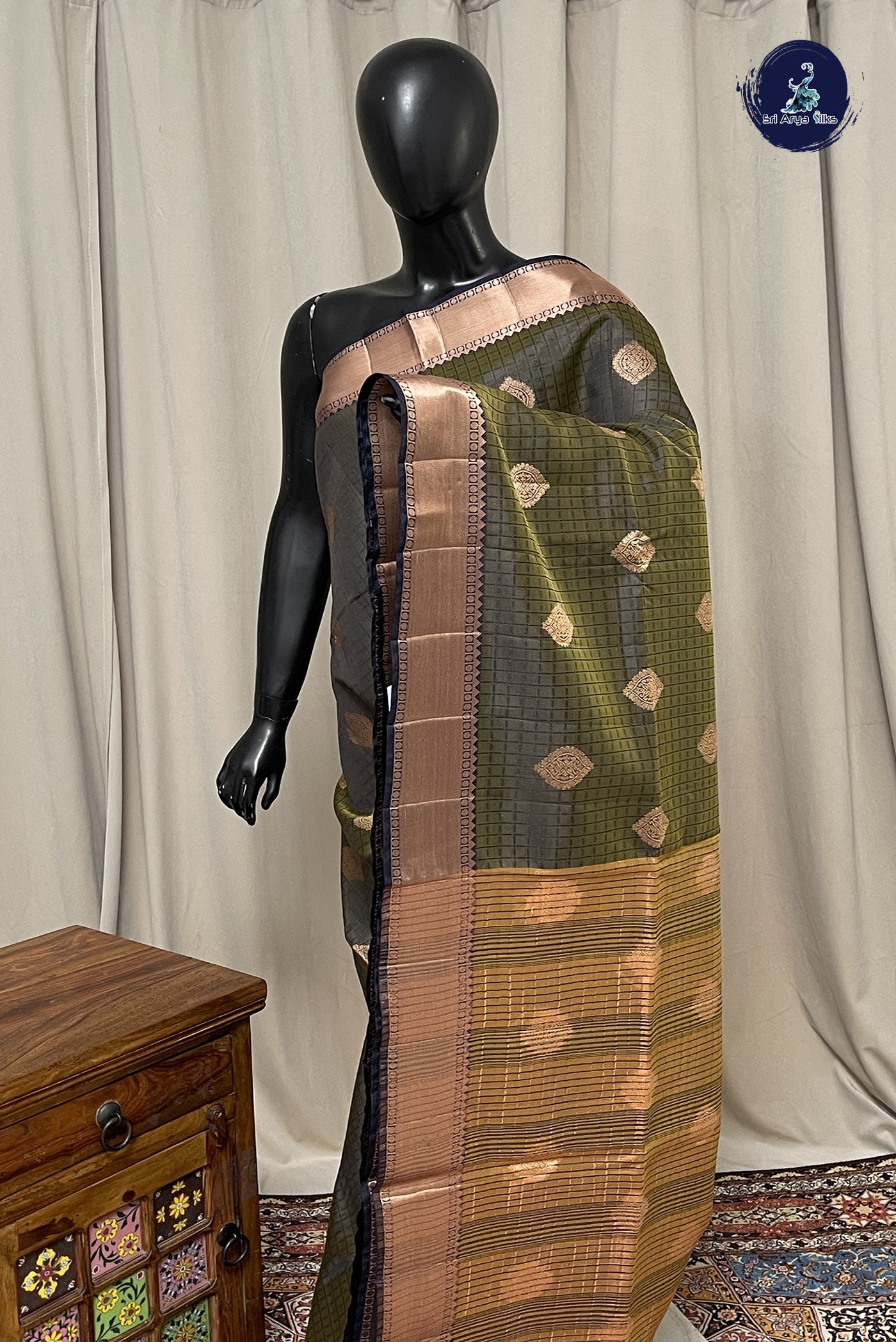 Dark Green Semi Tussar Saree With Zari Buttas Pattern