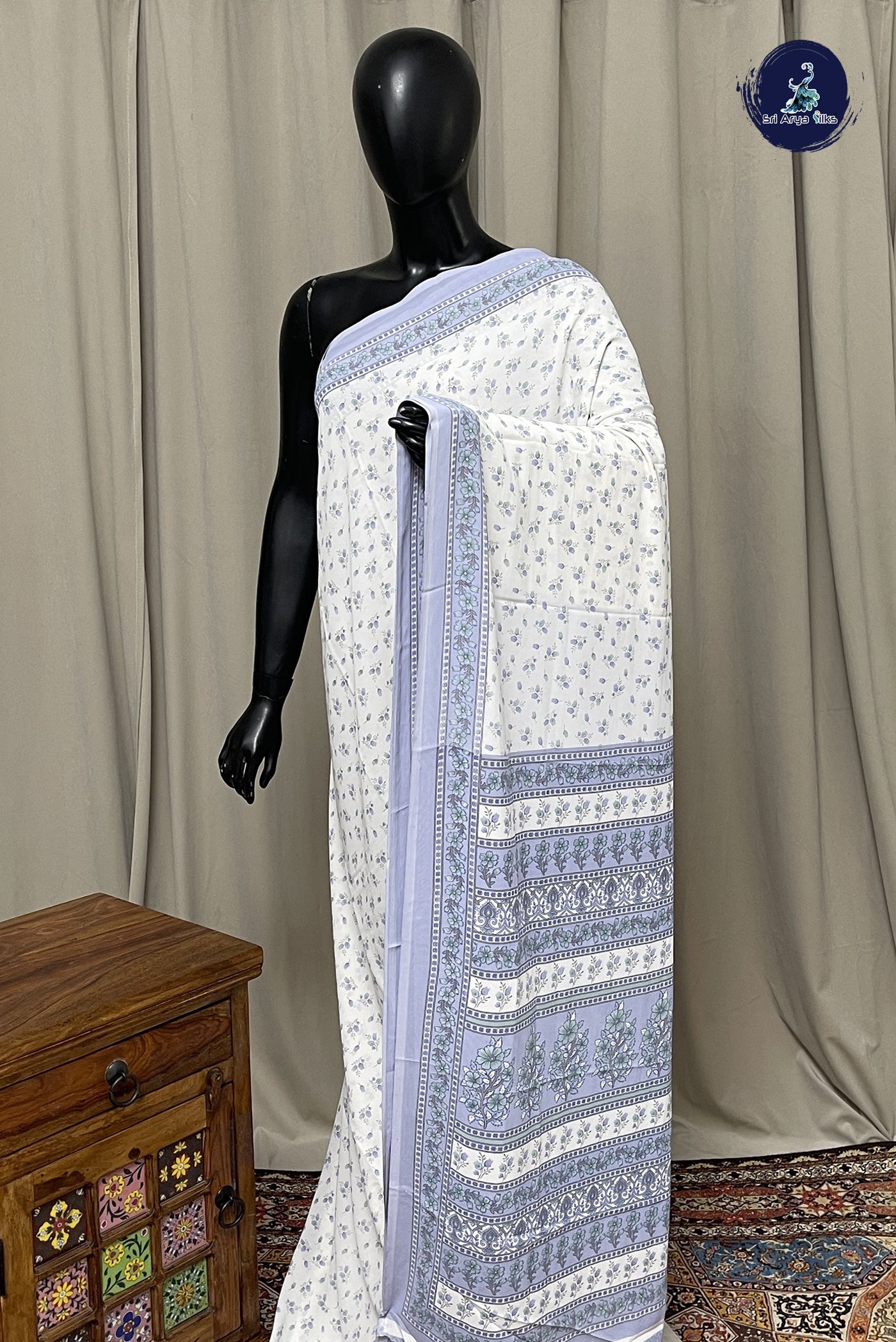 White Semi Silk Saree With Printed Pattern