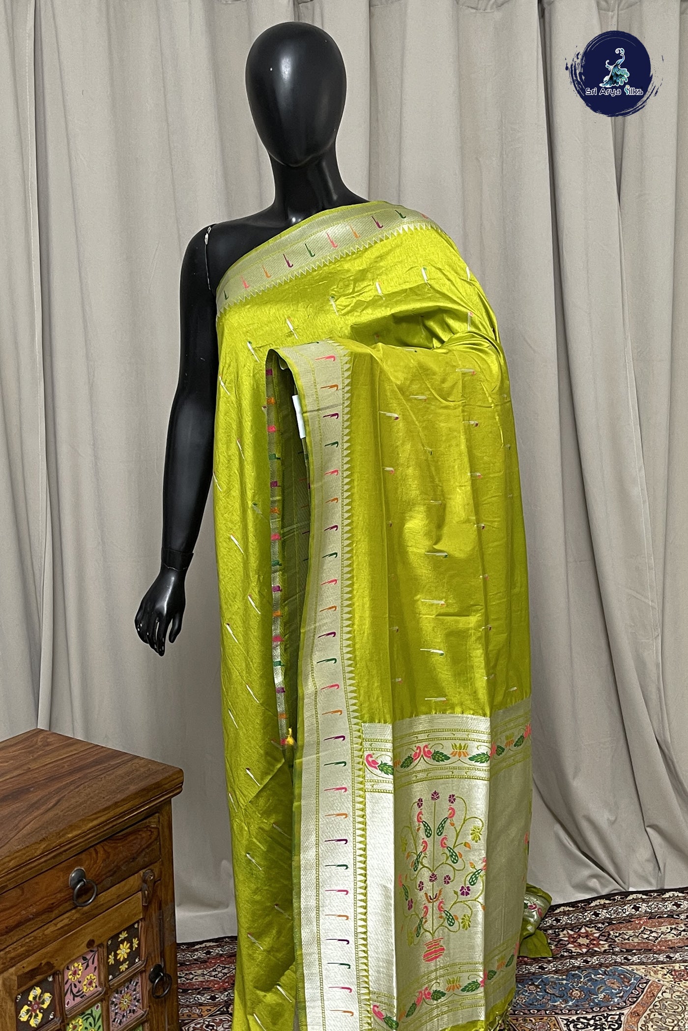 Lime Green Semi Raw Silk Saree With Embossed Pattern