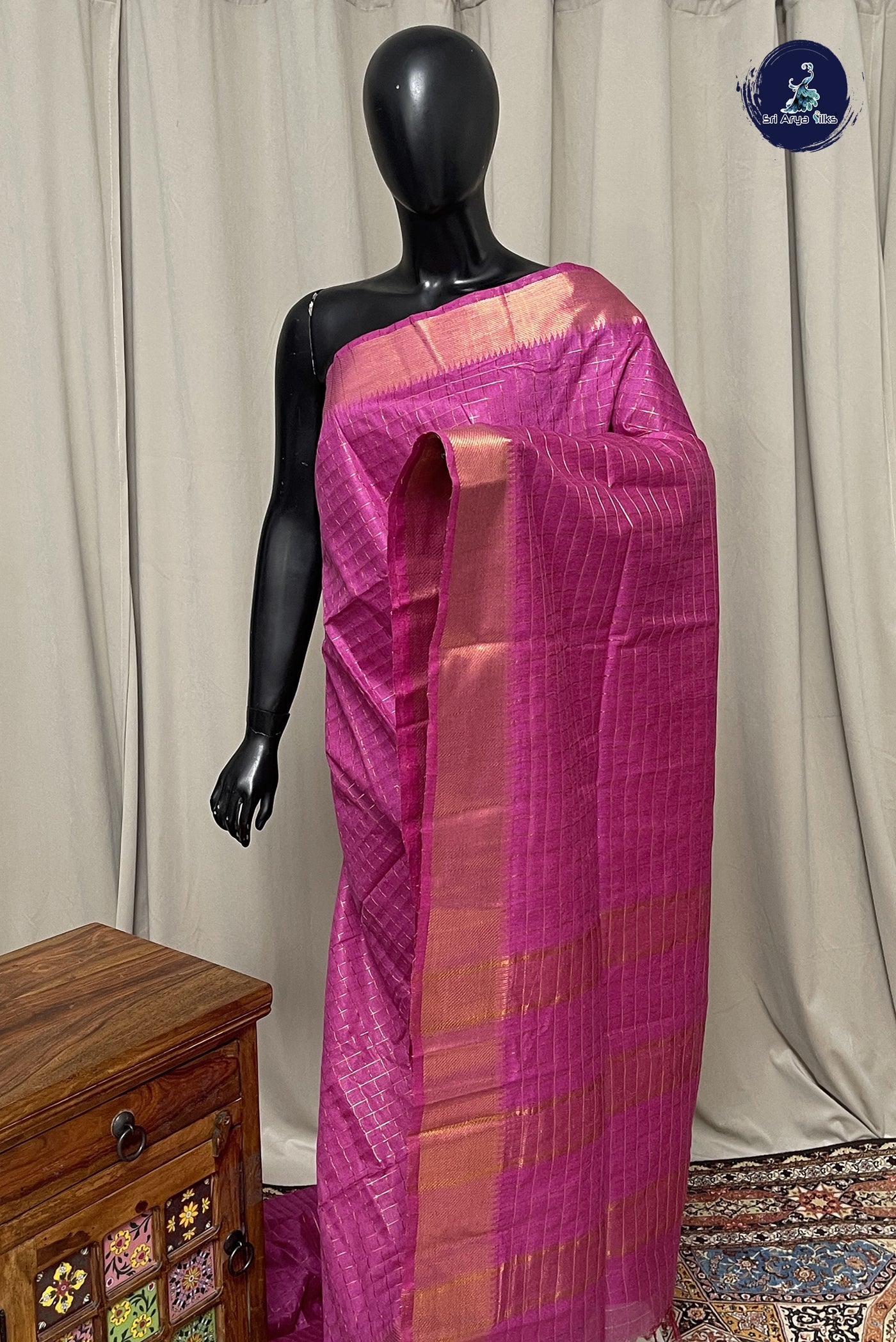 Pink Semi Tussar Saree With Zari Checked Pattern