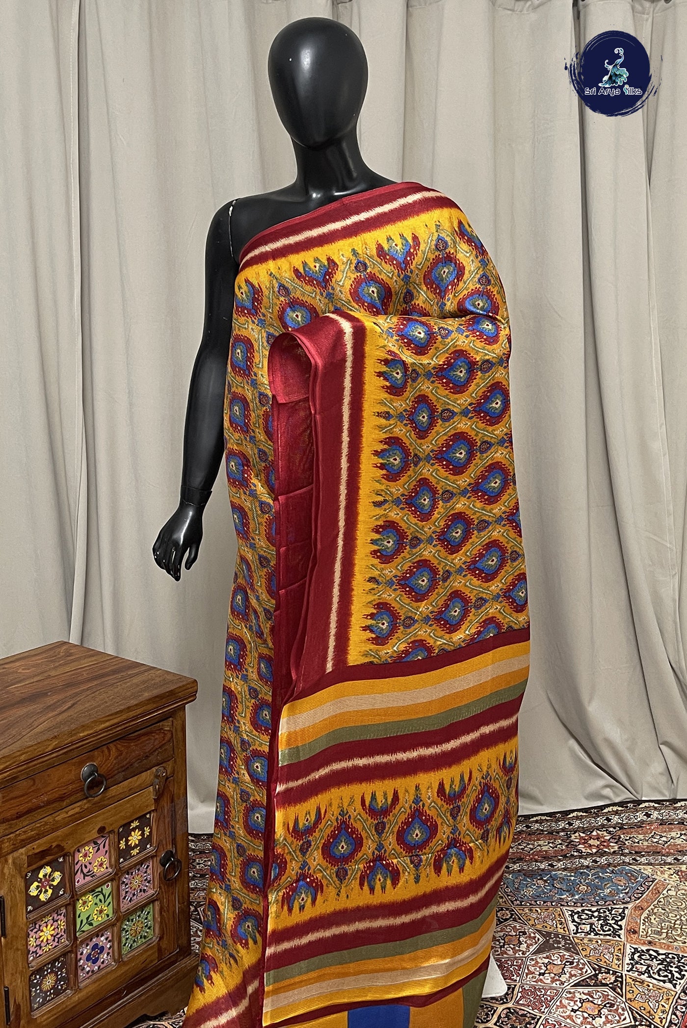 Yellowish Orange Jute Saree With Printed Pattern
