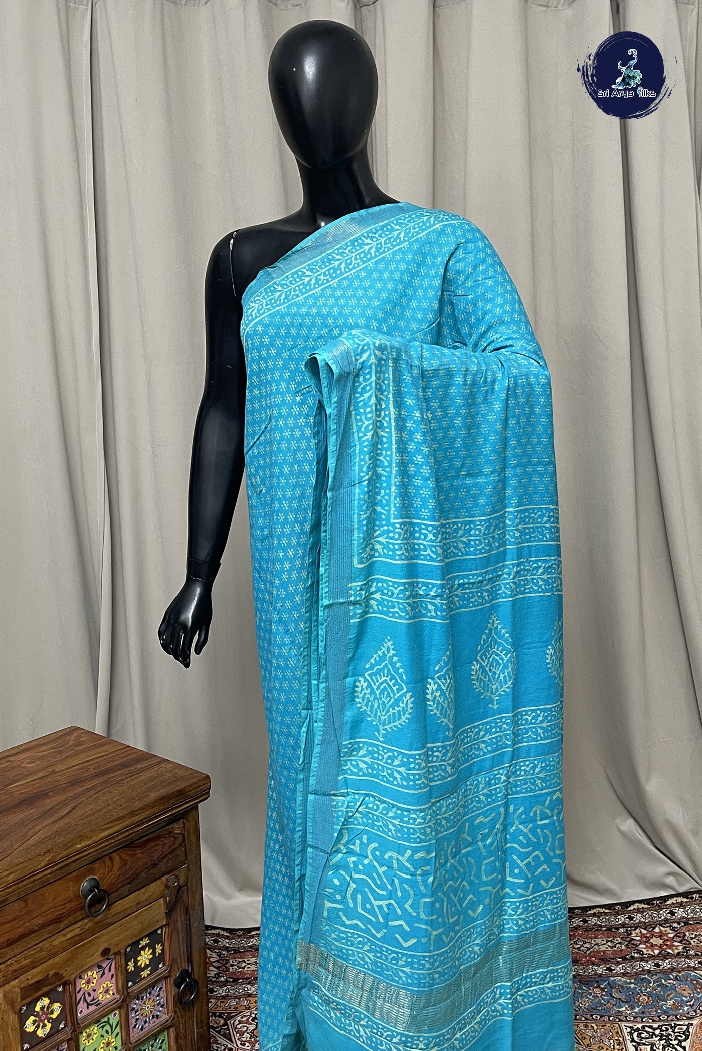 Light Blue Mul Mul Cotton Saree With Printed Pattern