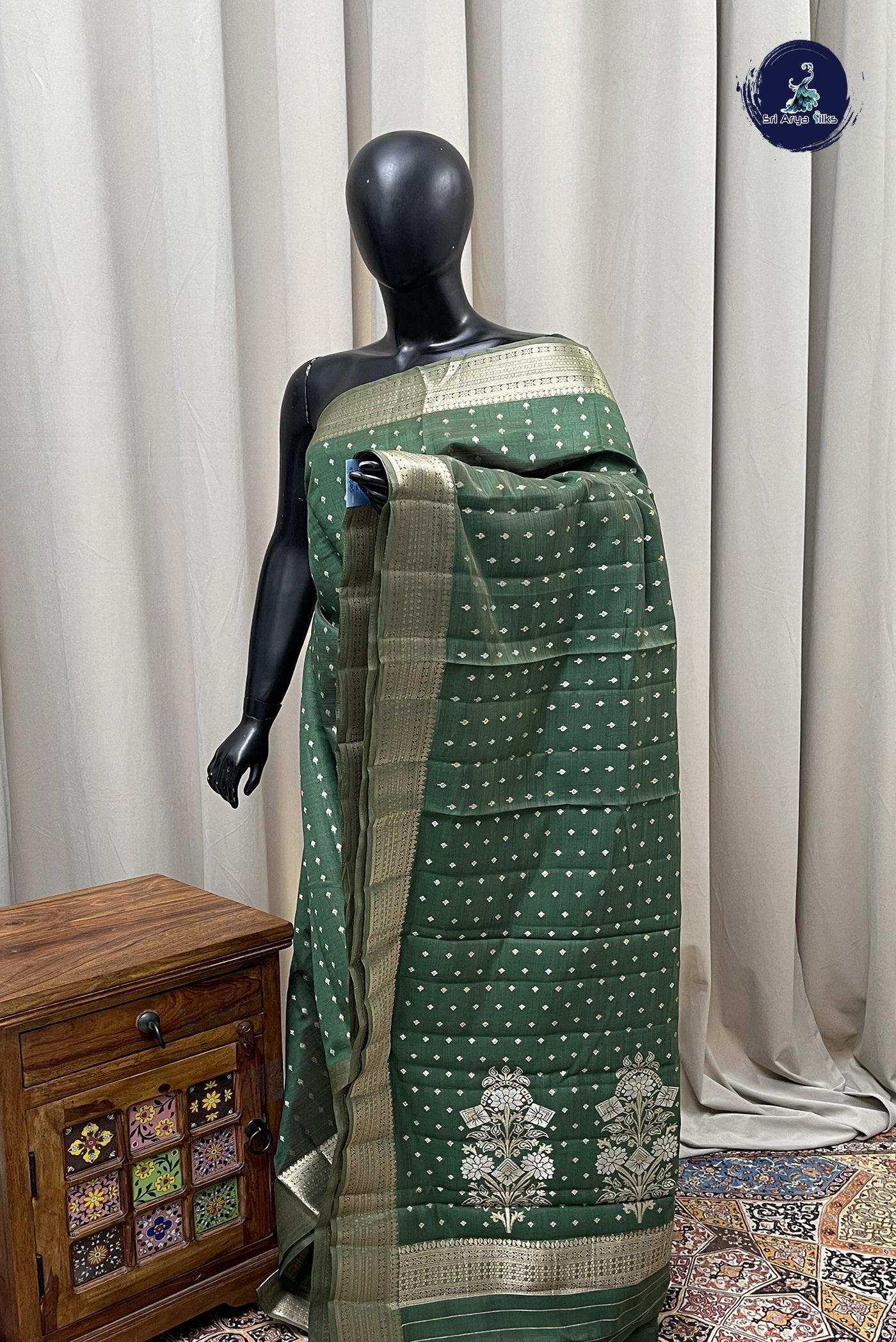 Dark Green Semi Tussar Saree With Zari Buttas Pattern