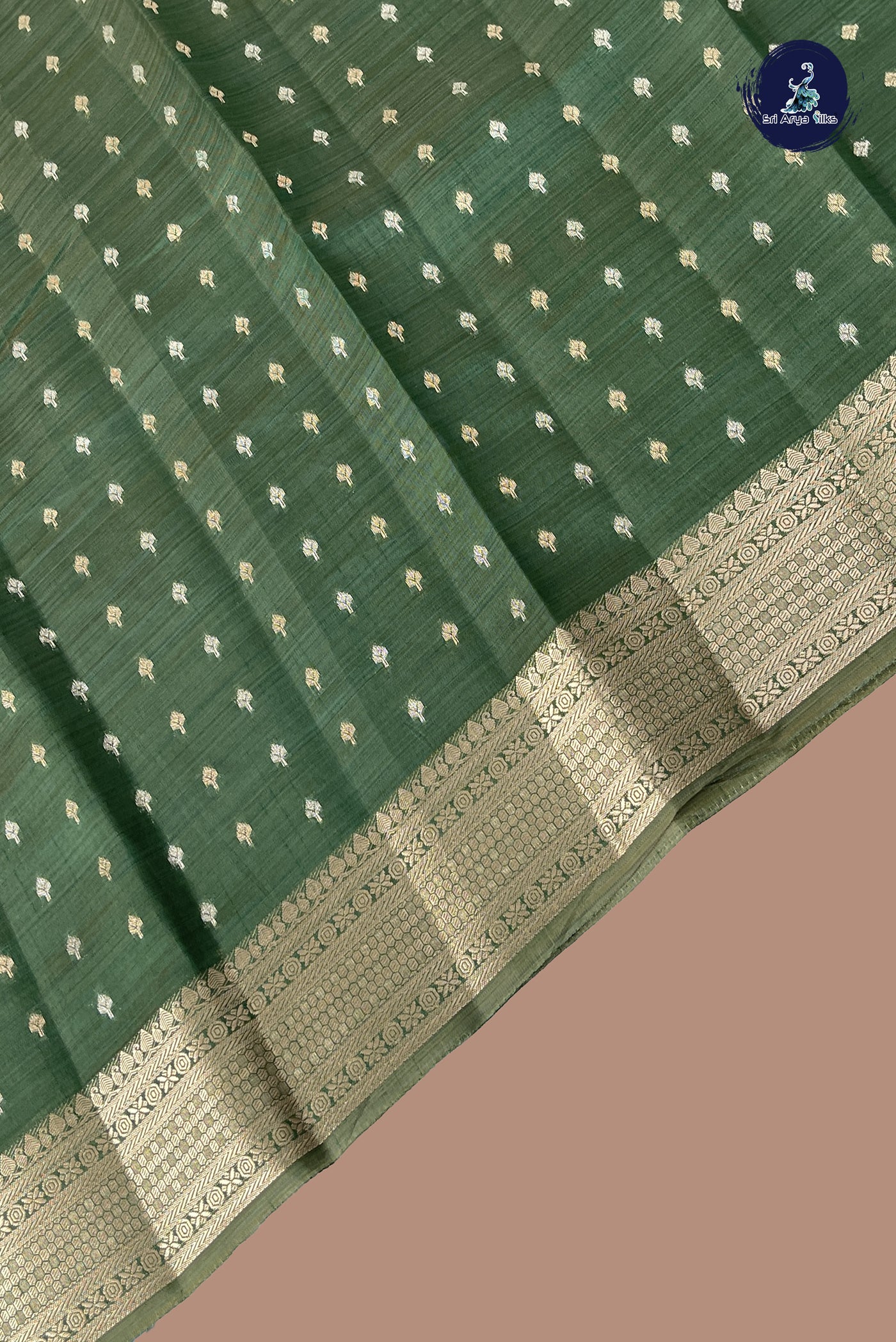 Dark Green Semi Tussar Saree With Zari Buttas Pattern