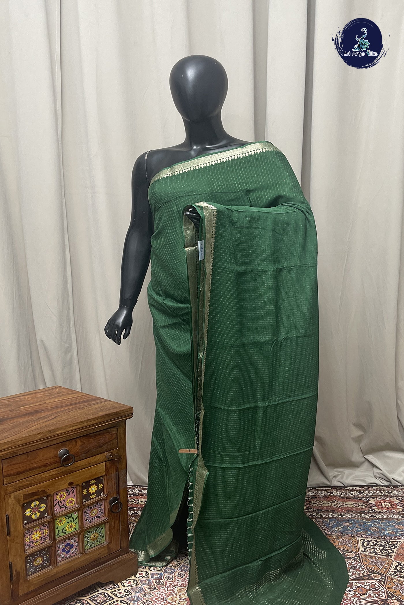 Dark Green Georgette Banarasi Saree With Stripes Pattern