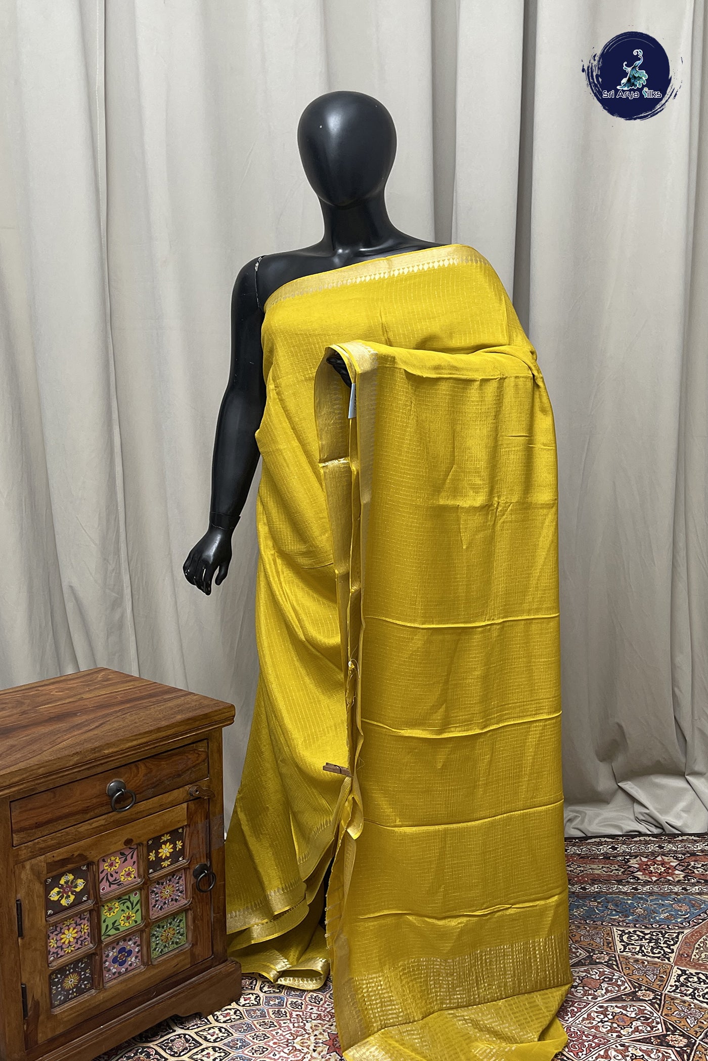 Yellow Georgette Banarasi Saree With Stripes Pattern