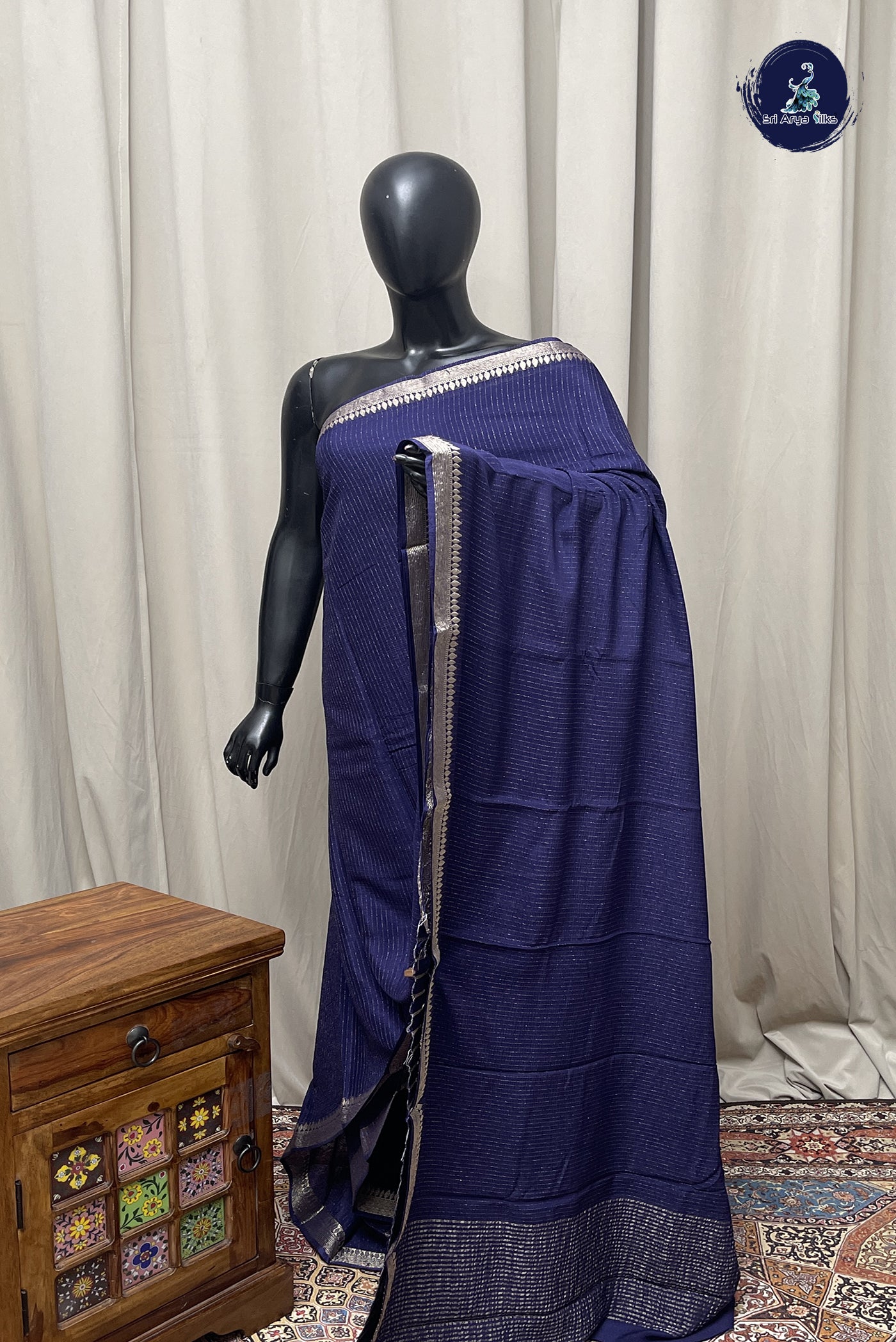 Navy Blue Georgette Banarasi Saree With Stripes Pattern