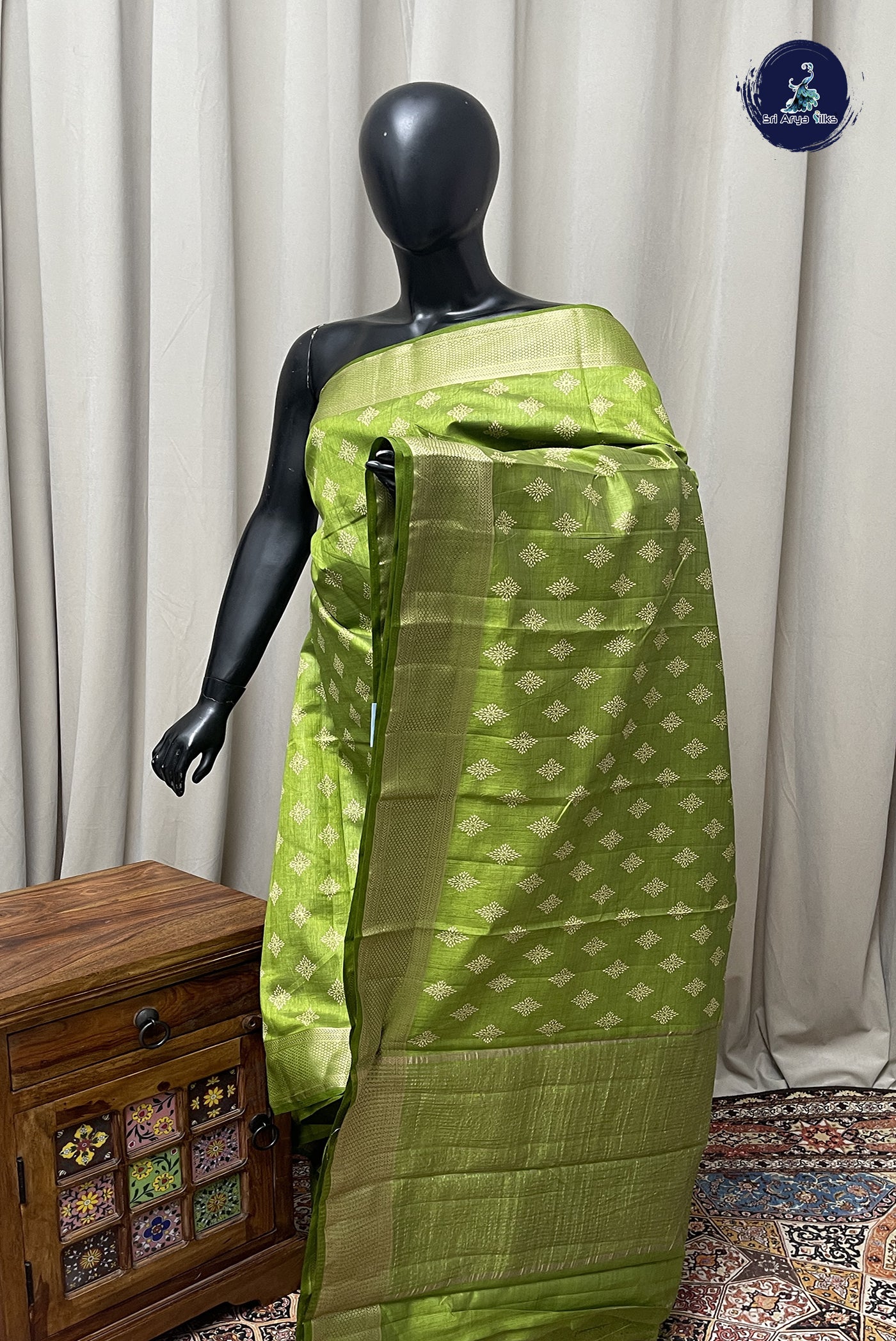 Lime Green Semi Tussar Saree With Printed Pattern