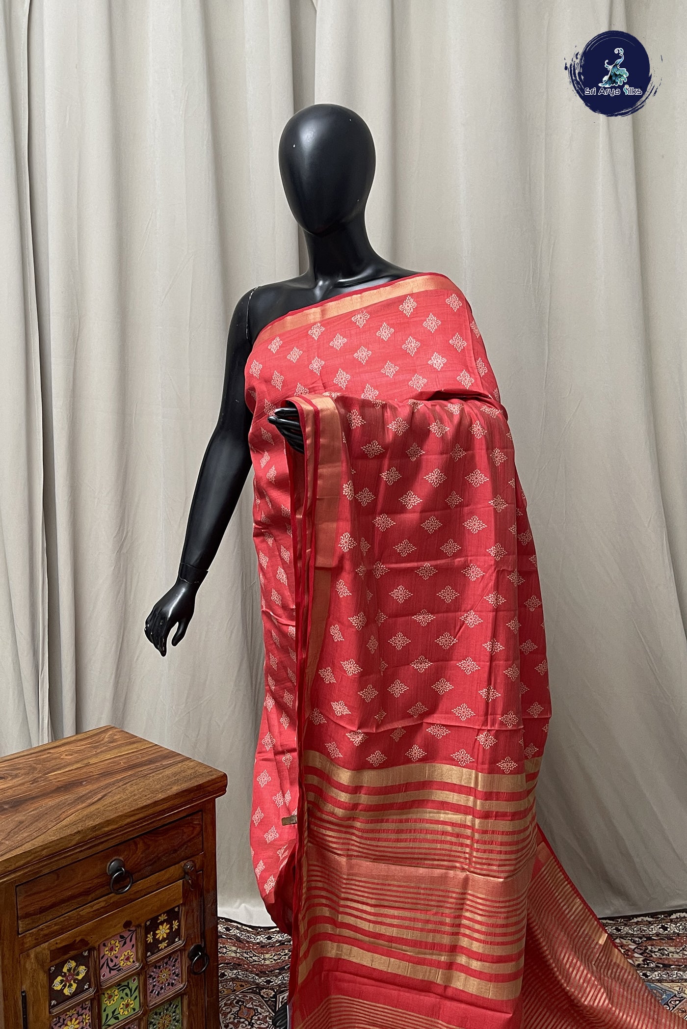 Red Semi Tussar Saree With Printed Pattern