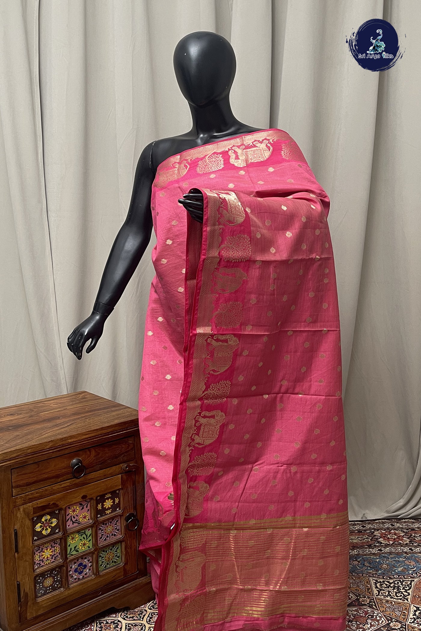 Dark Pink Semi Tussar Saree With Zari Buttas Pattern