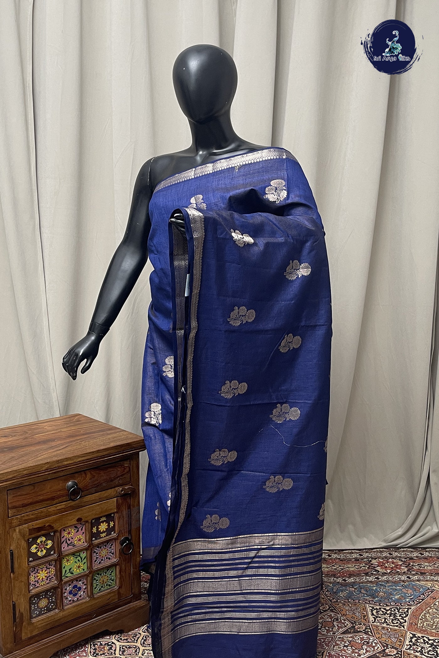Dark Blue Semi Tussar Saree With Zari Buttas Pattern