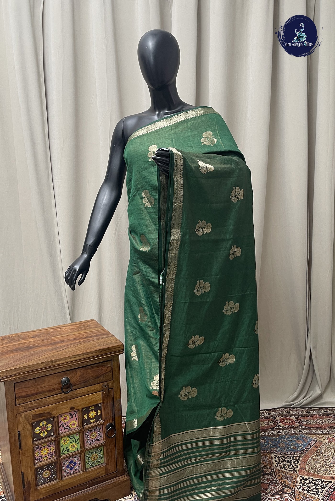 Bottle Green Semi Tussar Saree With Zari Buttas Pattern