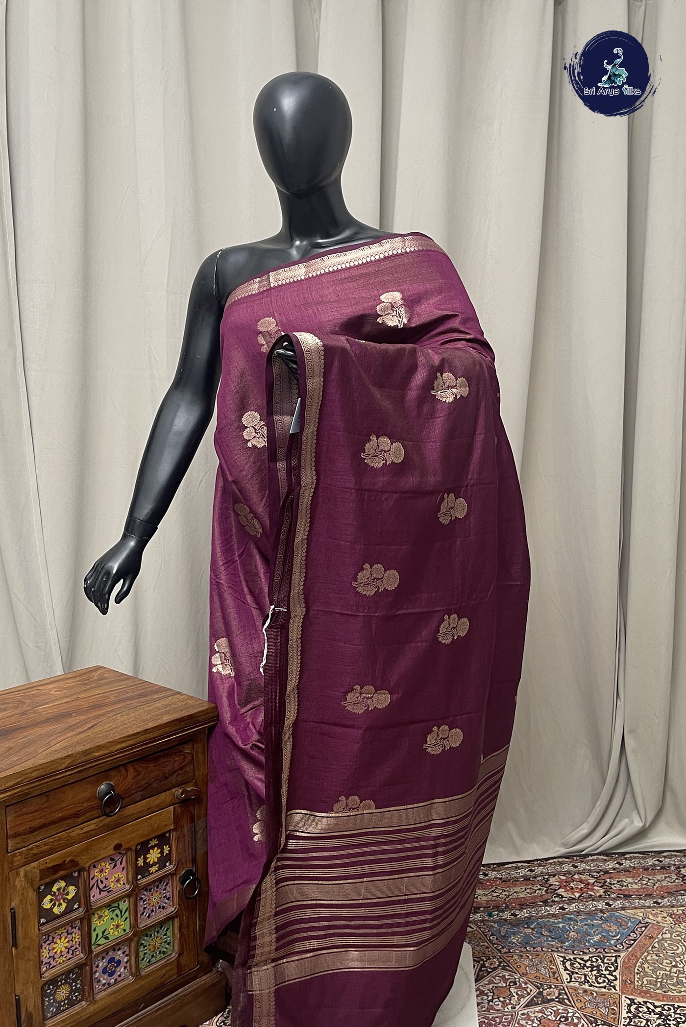 Burgundy Semi Tussar Saree With Zari Buttas Pattern
