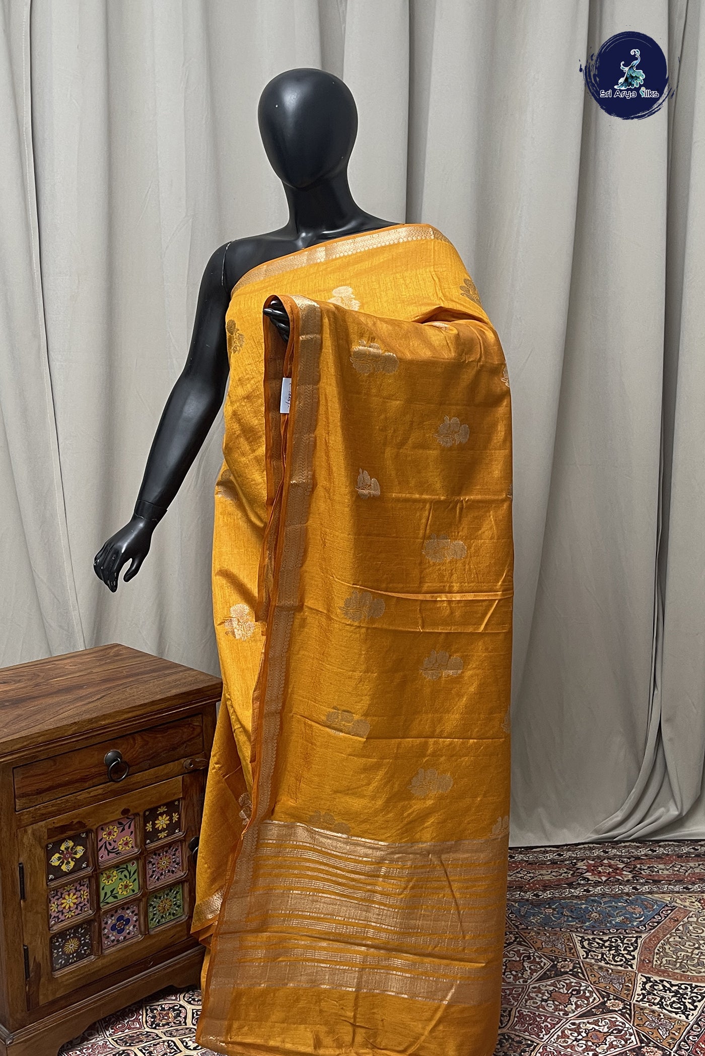 Mustard Yellow Semi Tussar Saree With Zari Buttas Pattern