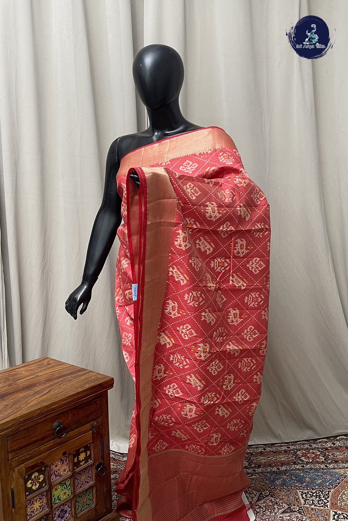 Red Semi Tussar Saree With Printed Pattern