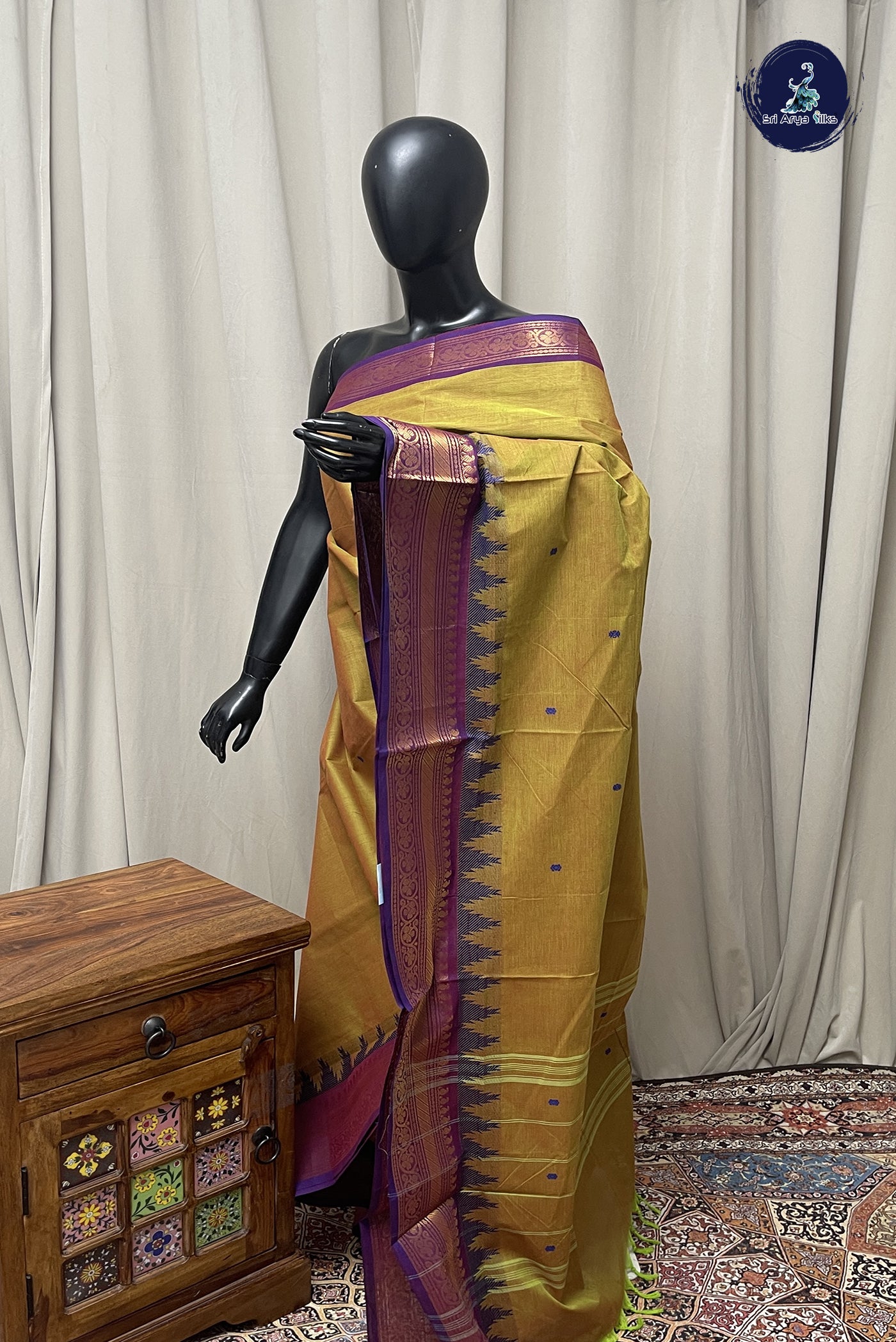 Yellowish Green Chettinad Cotton Saree With Buttas Pattern