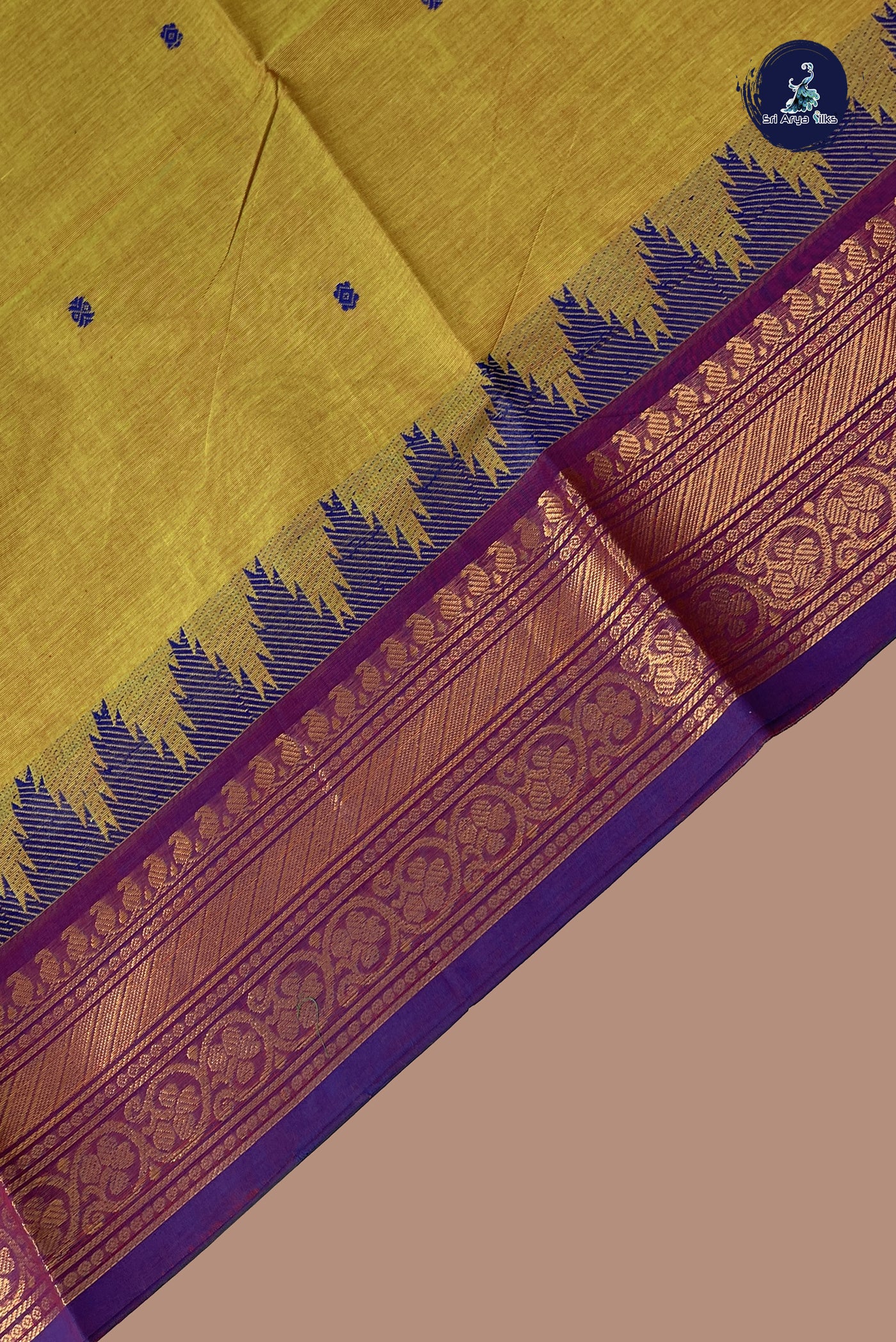 Yellowish Green Chettinad Cotton Saree With Buttas Pattern