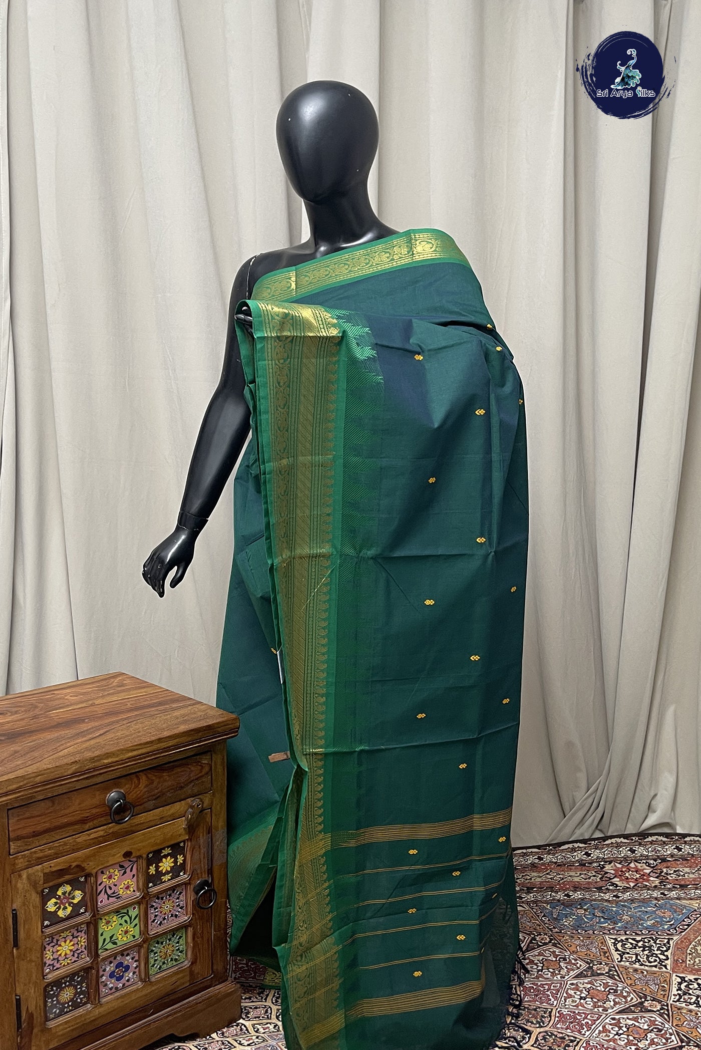 Dark Green Chettinad Cotton Saree With Buttas Pattern