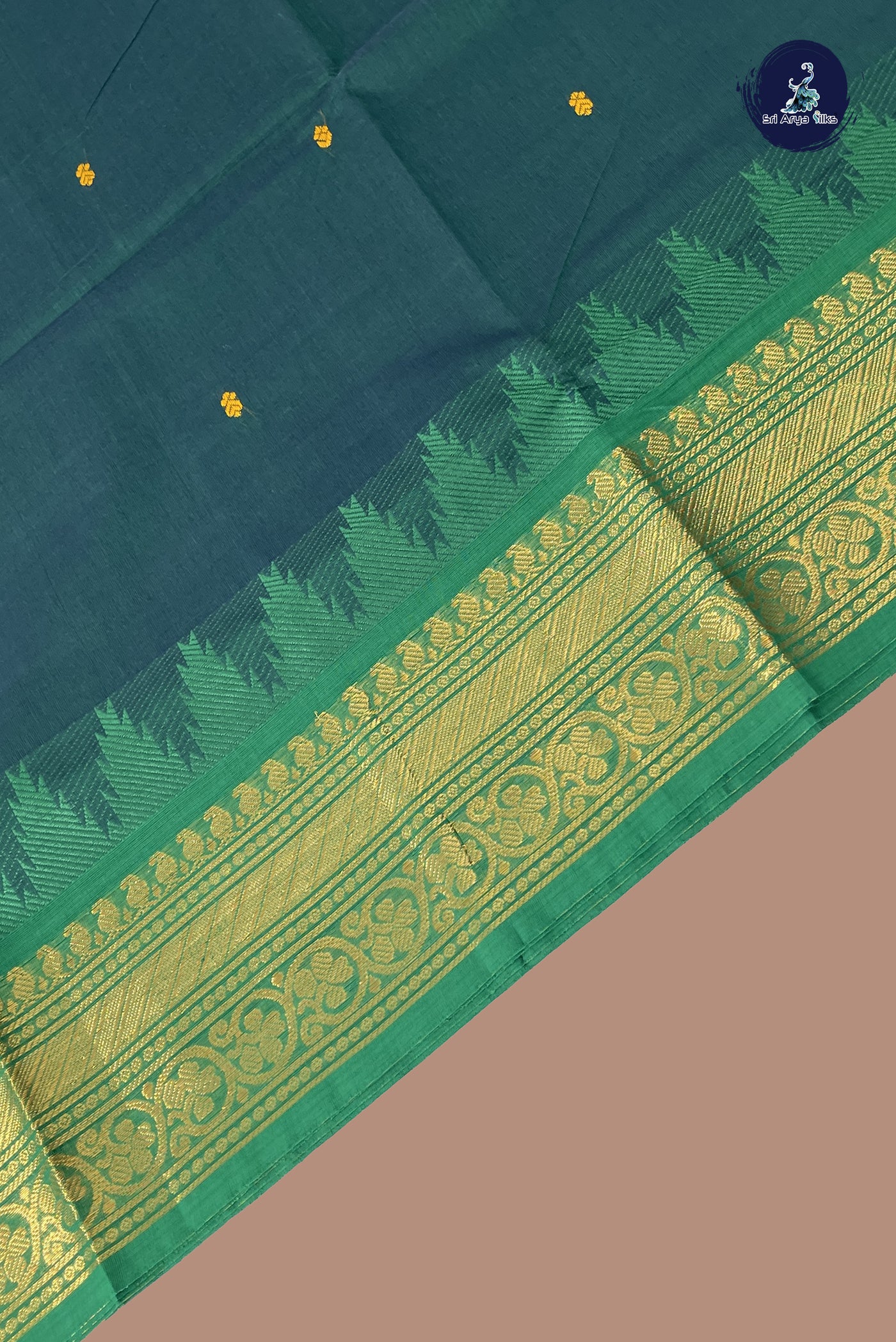 Dark Green Chettinad Cotton Saree With Buttas Pattern