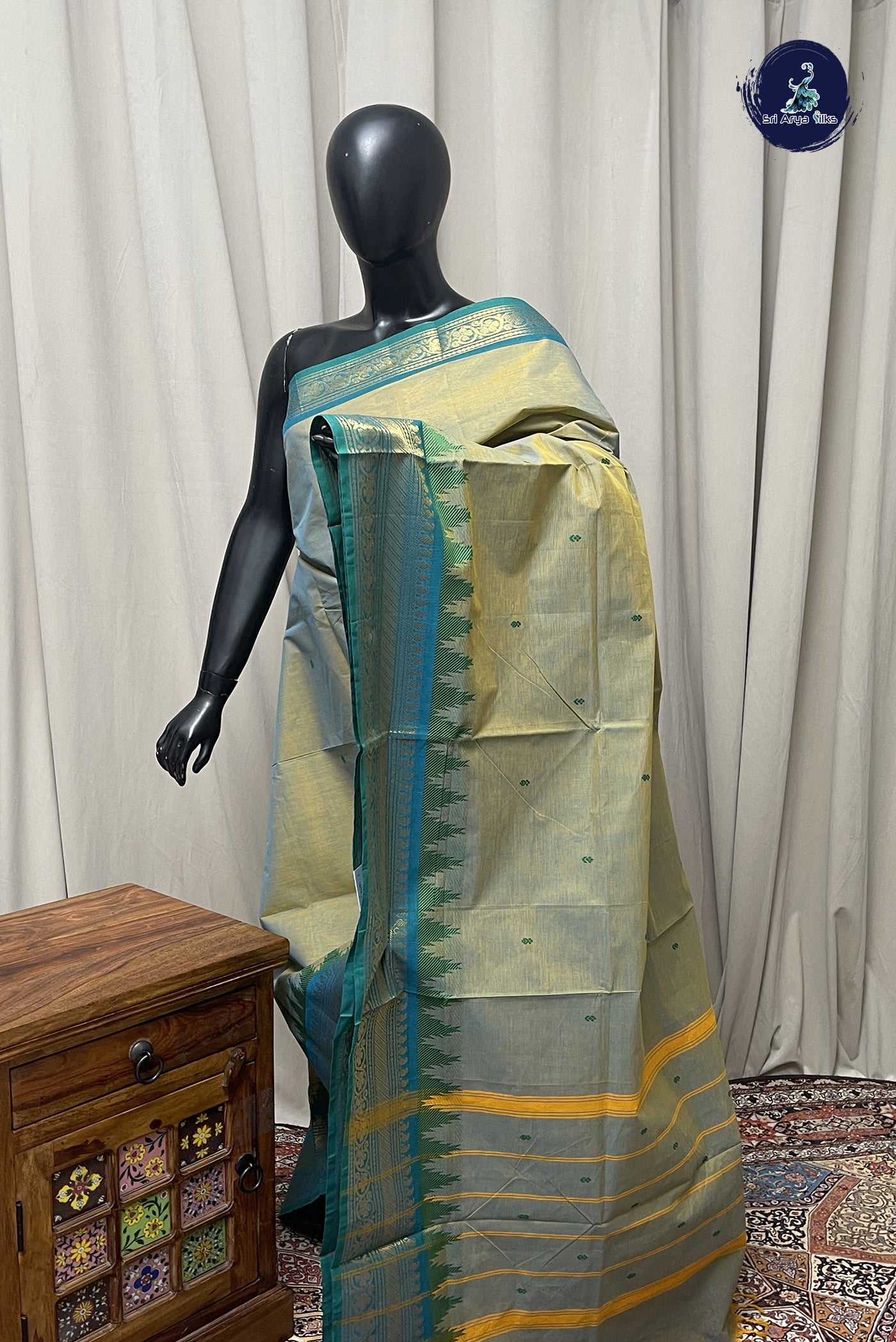 Pastel Shade Chettinad Cotton Saree With Buttas Pattern