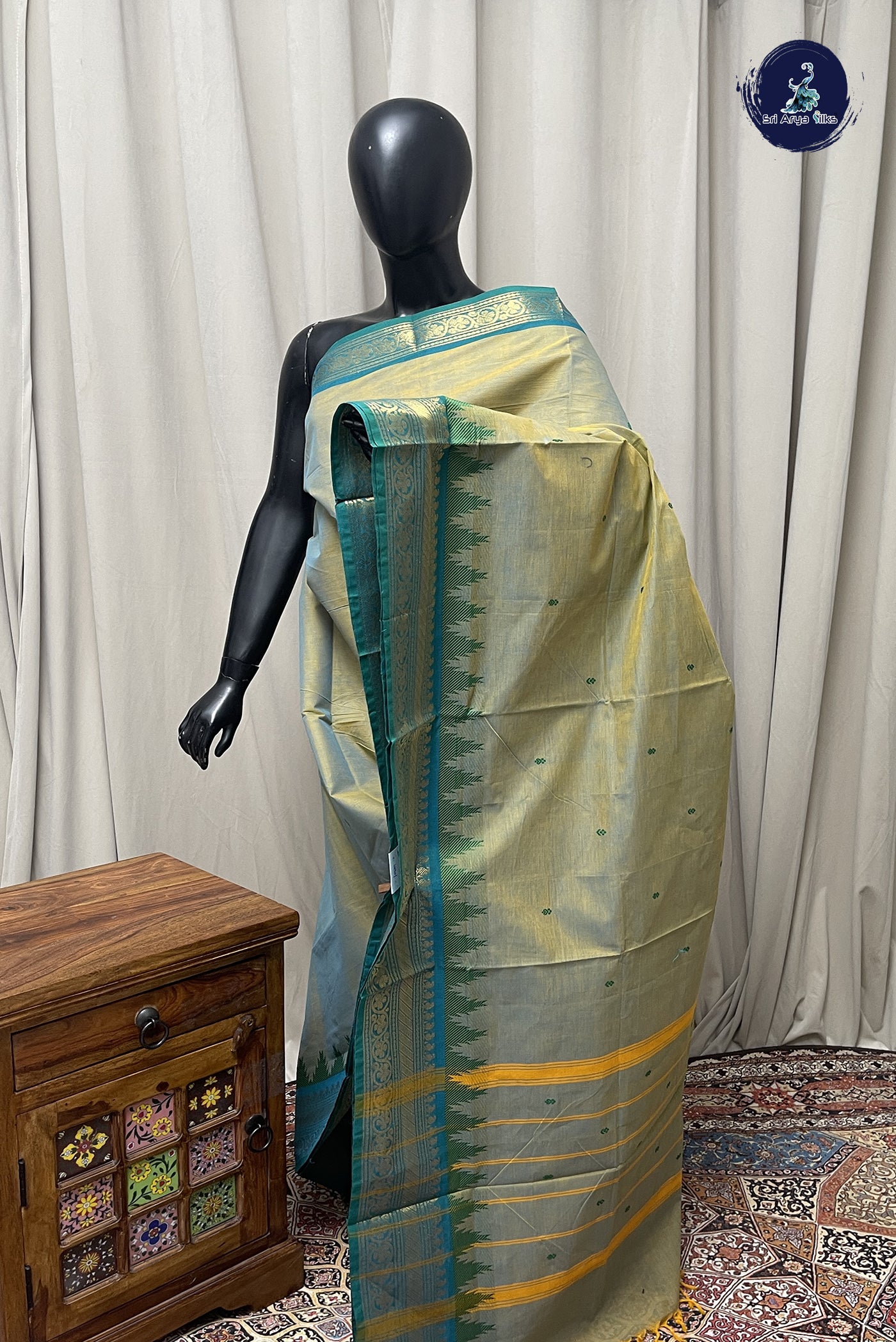 Pastel Shade Chettinad Cotton Saree With Buttas Pattern