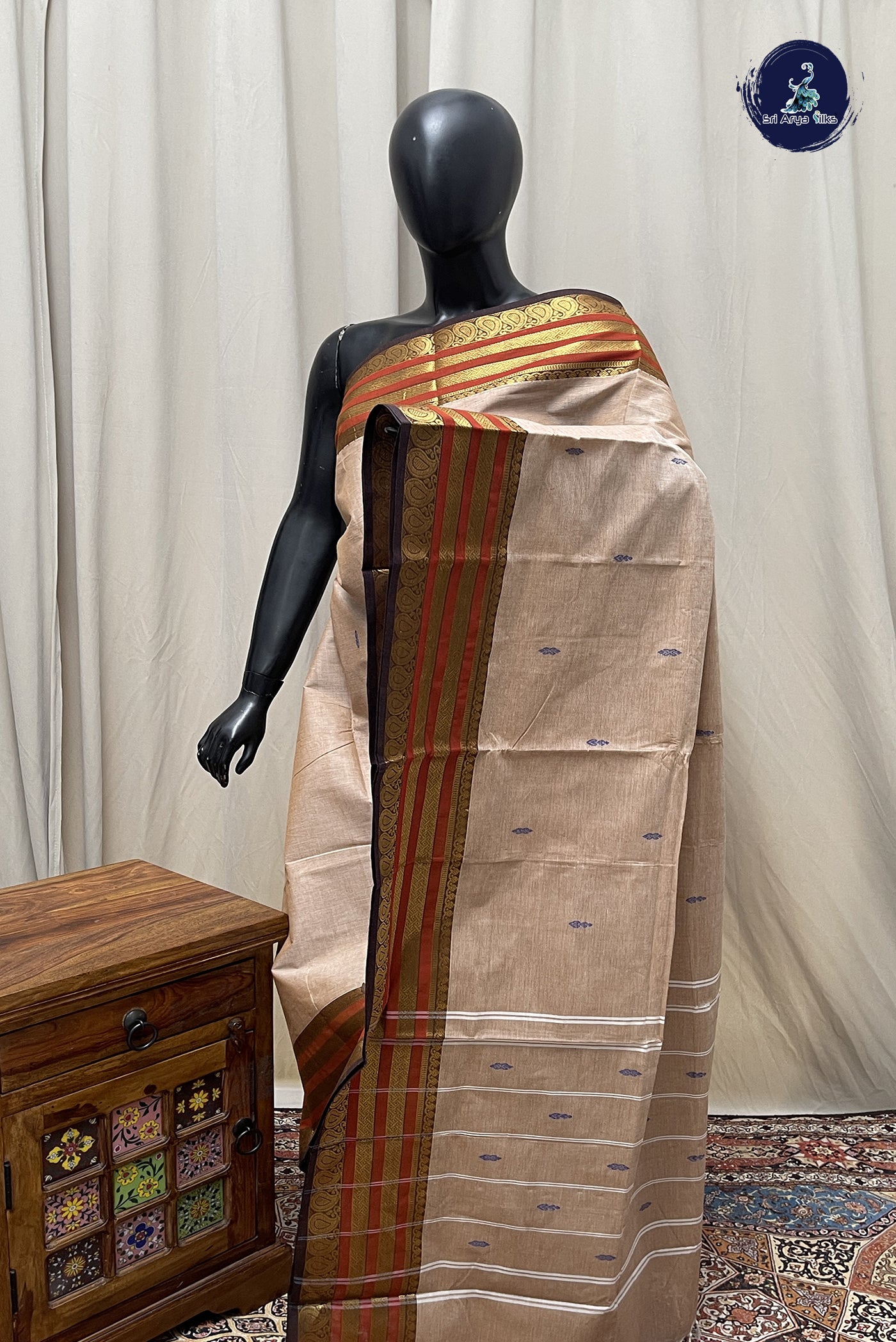 Biscuit Shade Chettinad Cotton Saree With Buttas Pattern
