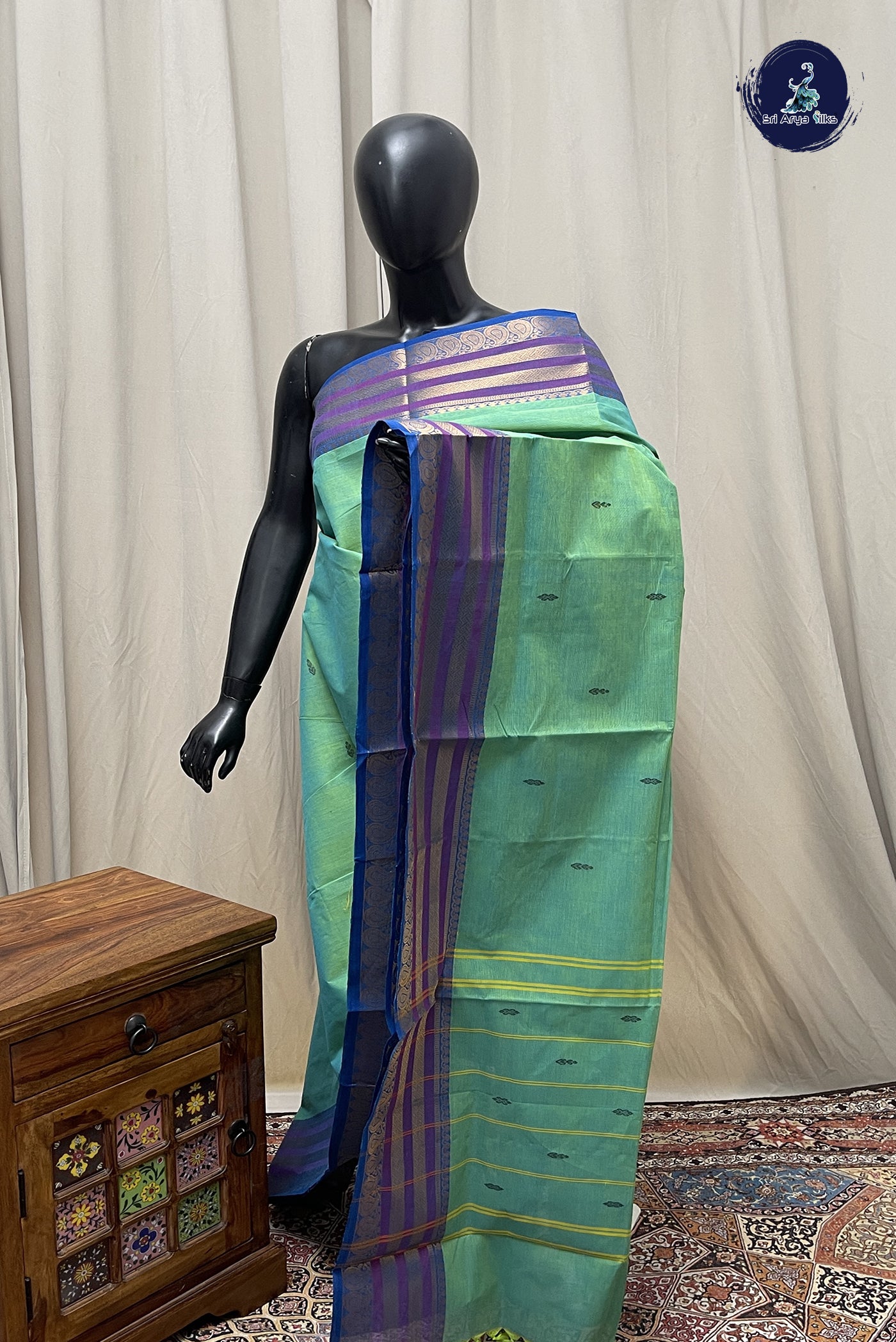 Bluish Green Chettinad Cotton Saree With Buttas Pattern