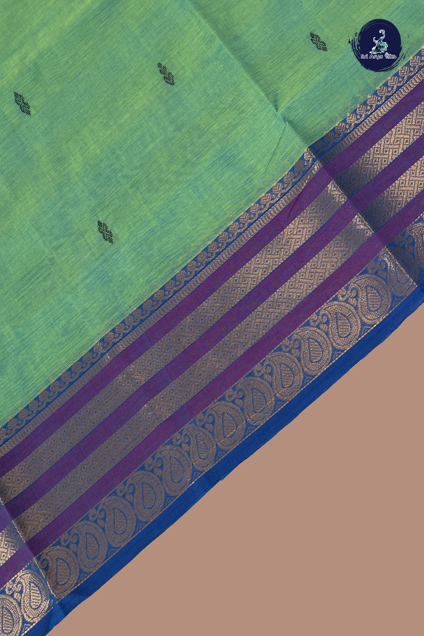 Bluish Green Chettinad Cotton Saree With Buttas Pattern