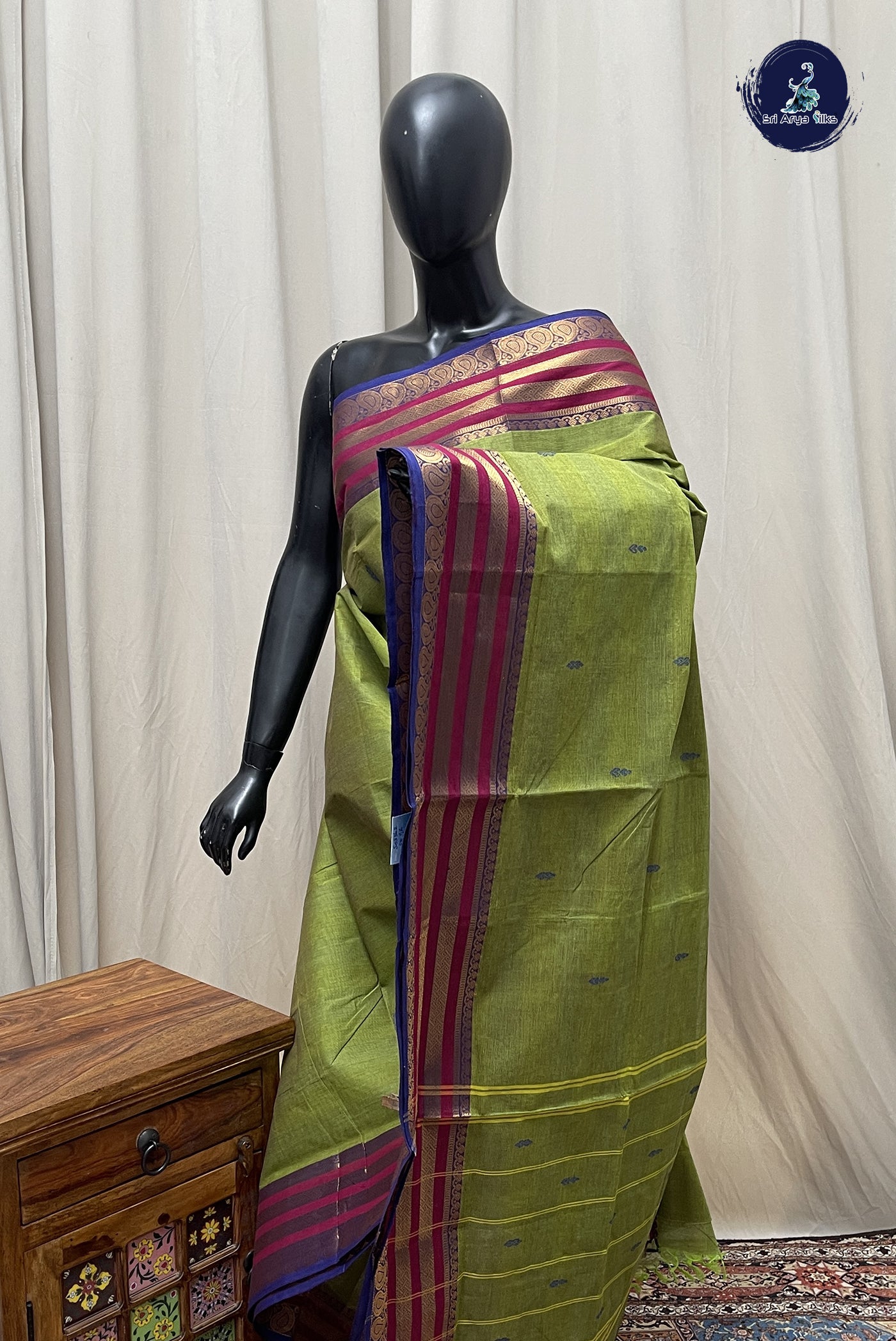 Light Green Chettinad Cotton Saree With Buttas Pattern