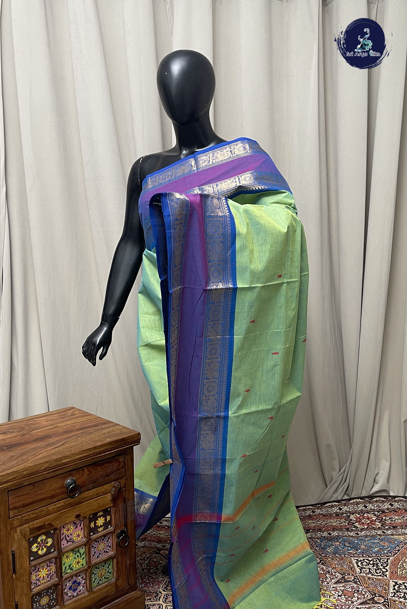 Bluish Green Chettinad Cotton Saree With Buttas Pattern