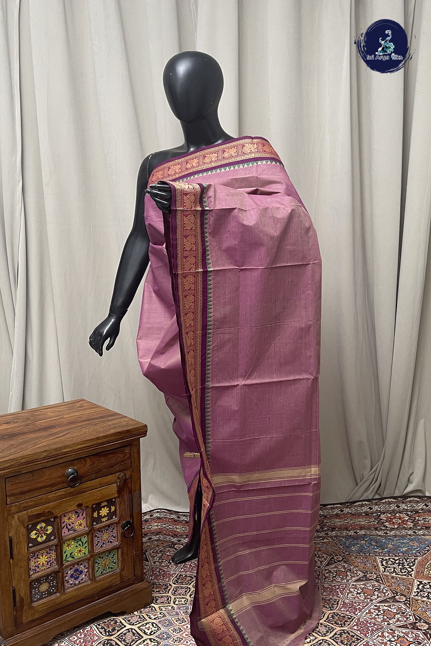 Purple Chettinad Cotton Saree With Plain Pattern