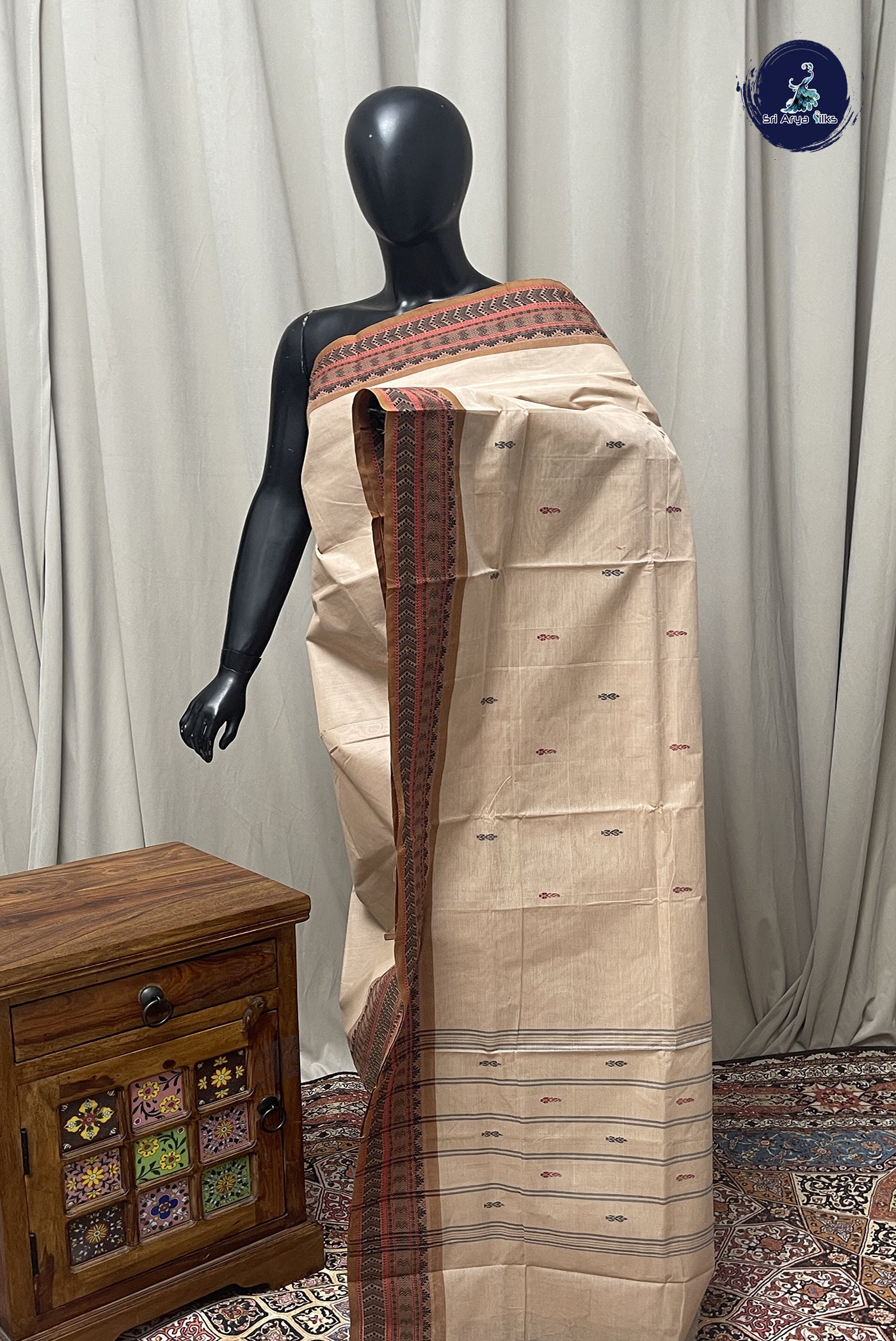 Beige Chettinad Cotton Saree With Buttas Pattern