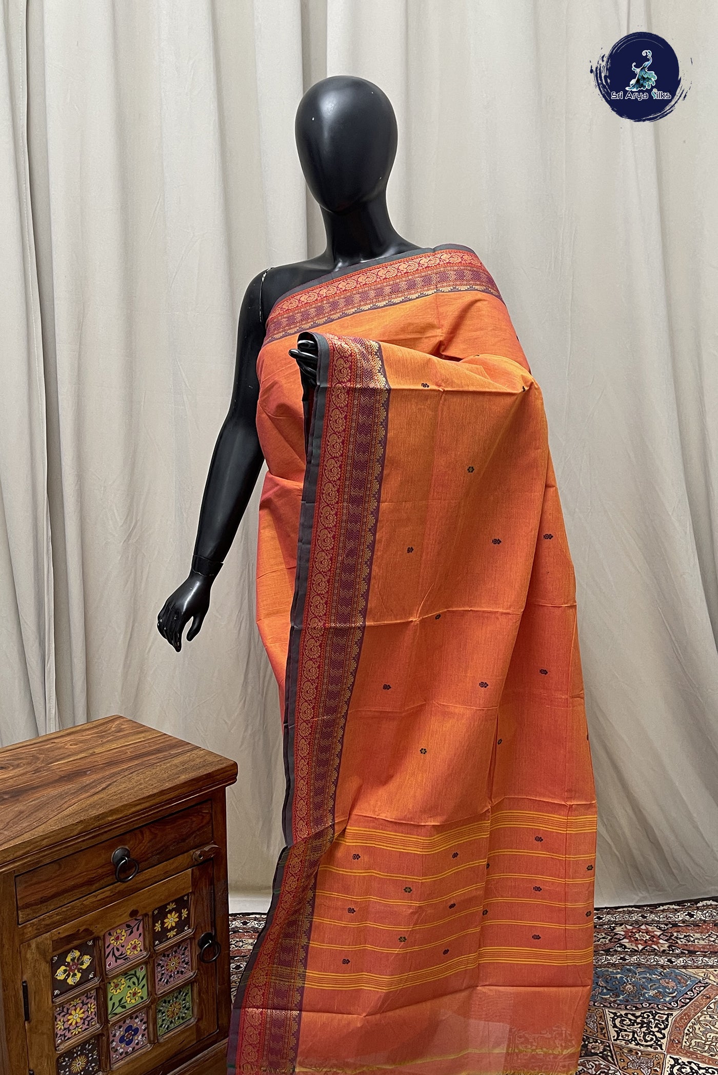 Pinkish Orange Chettinad Cotton Saree With Buttas Pattern