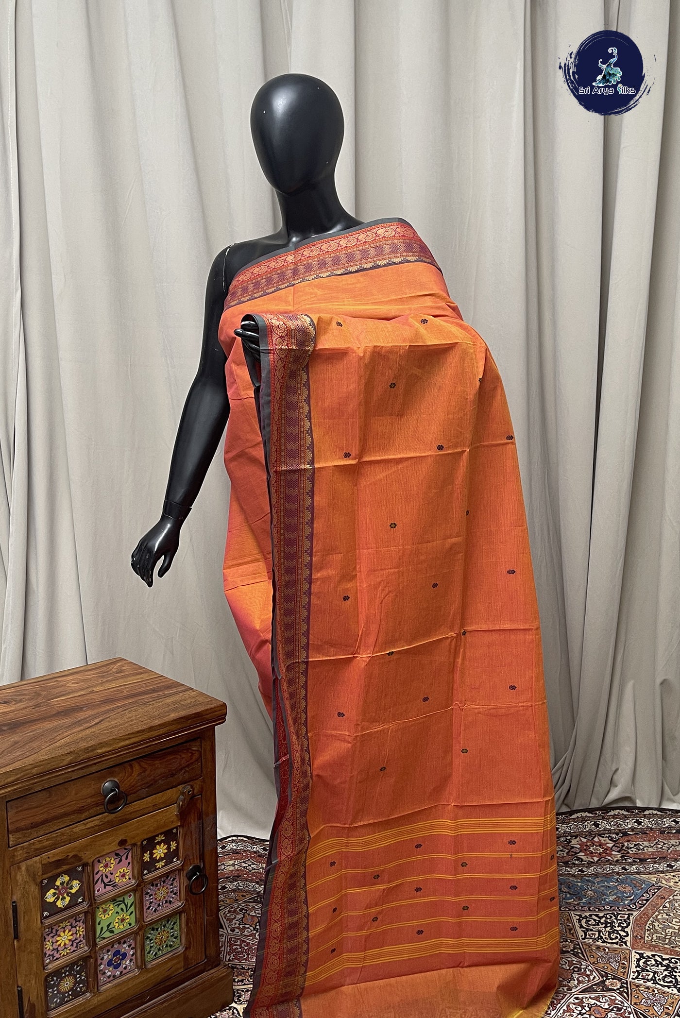 Pinkish Orange Chettinad Cotton Saree With Buttas Pattern