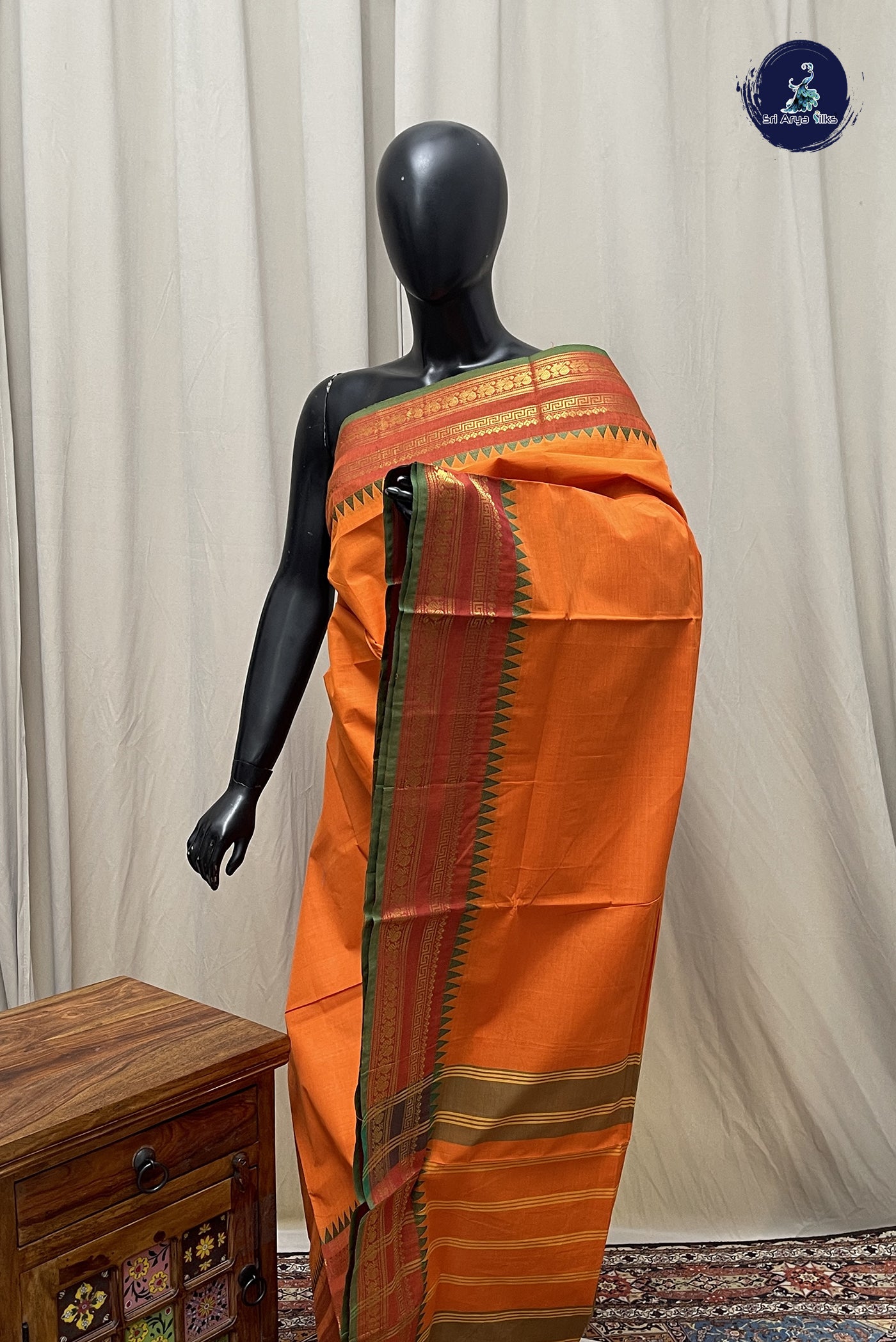 Yellowish Orange Chettinad Cotton Saree With Plain Pattern