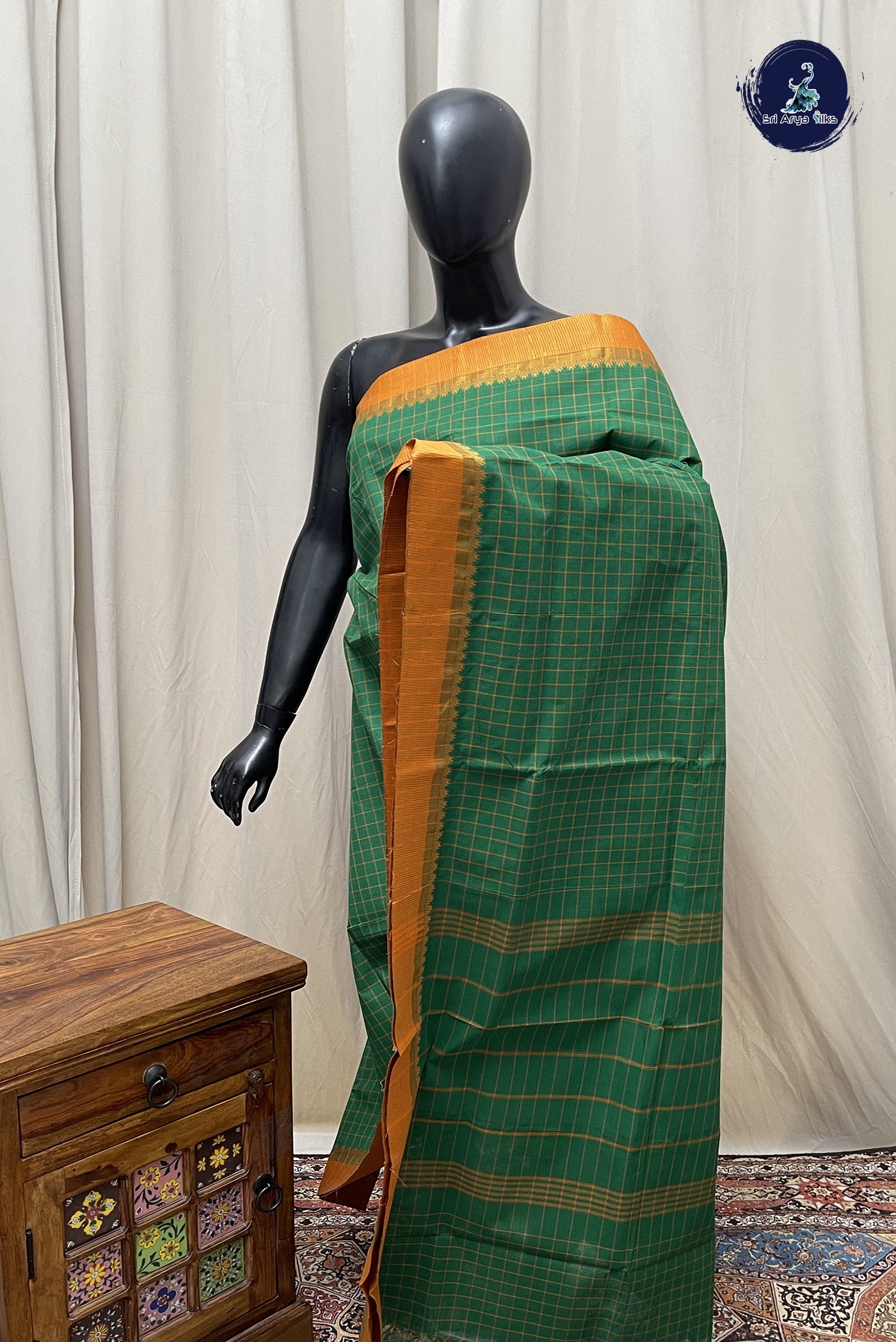 Dark Green Chettinad Cotton Saree With Checked Pattern