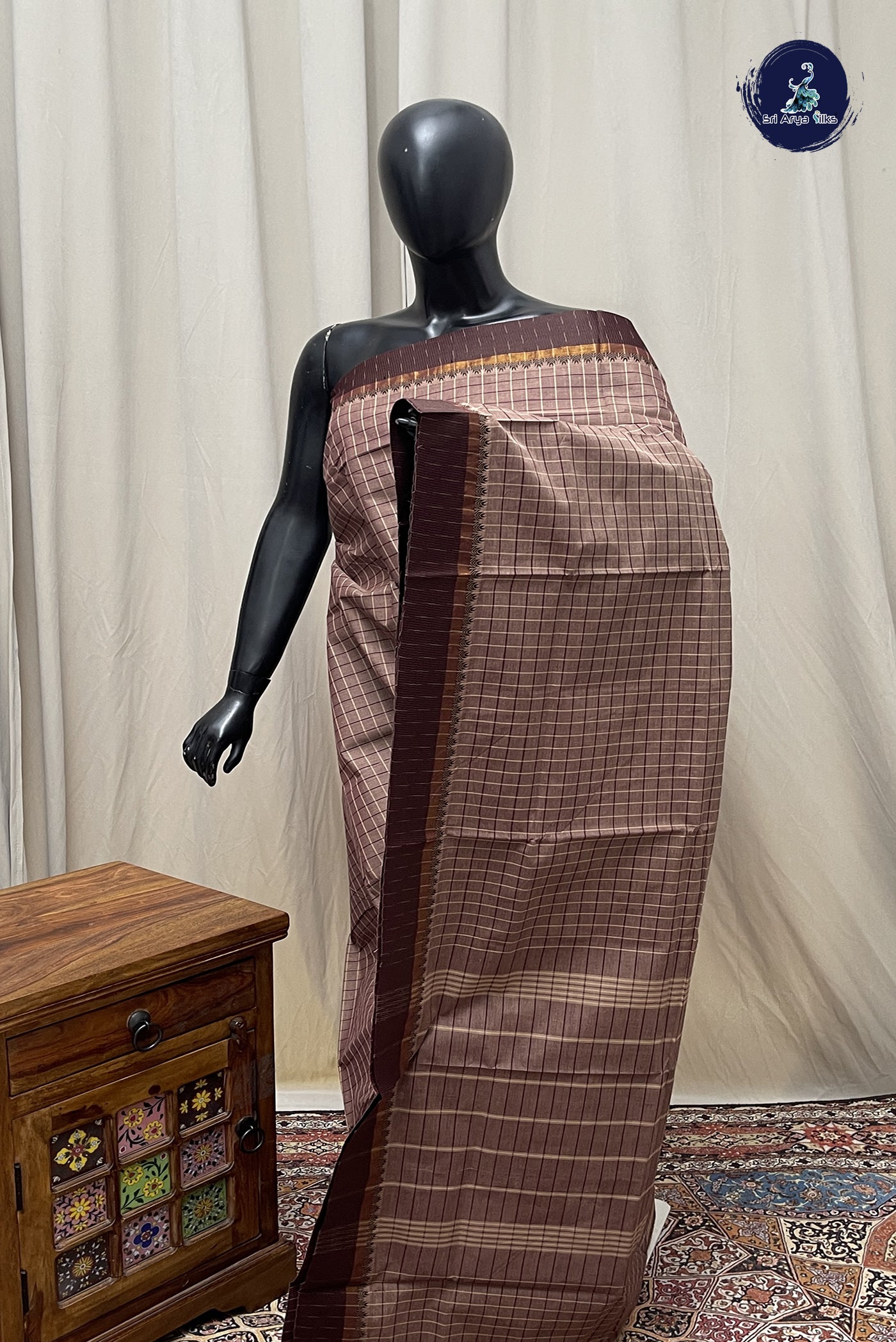 Chocolate Shade Chettinad Cotton Saree With Checked Pattern